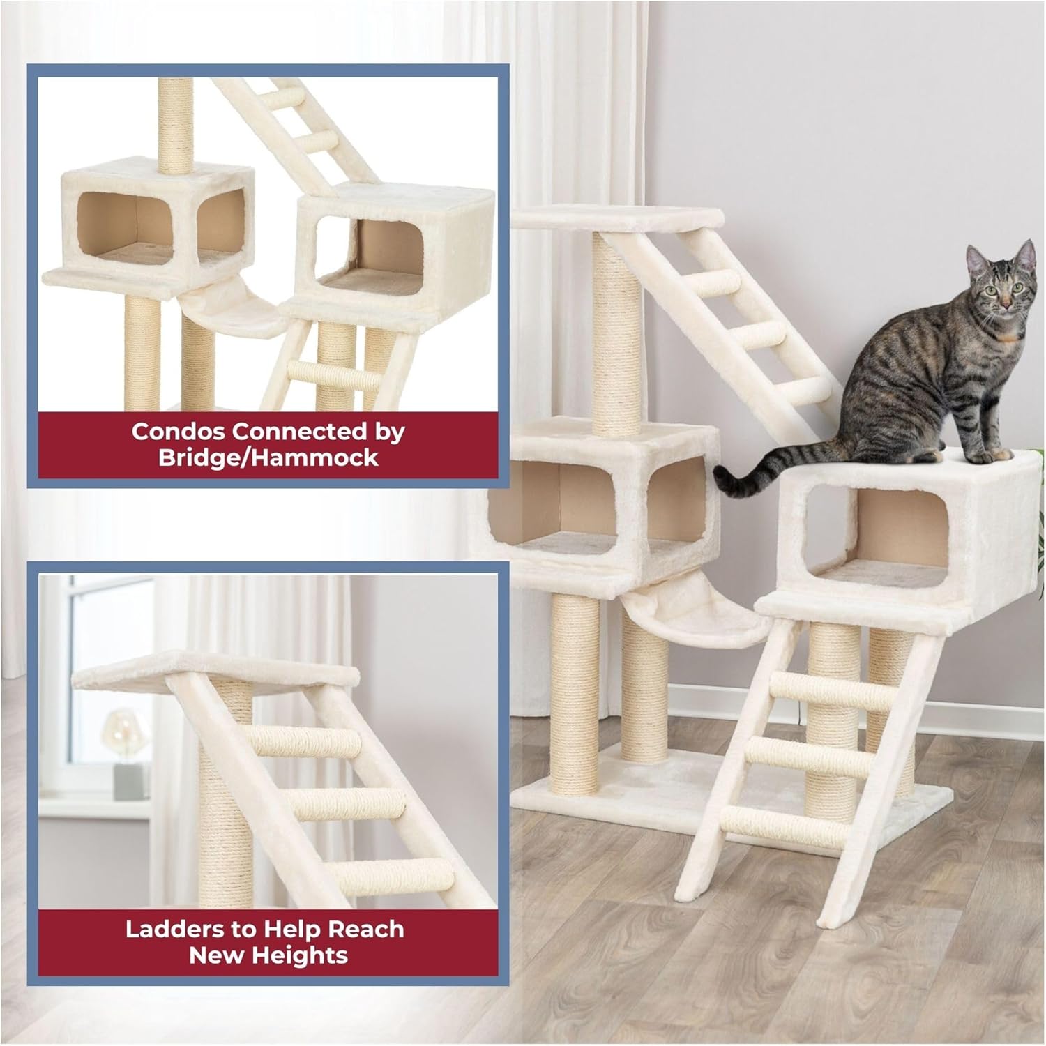 TRIXIE Malaga Cat Tower – Cat Tree with Extra-Thick Sisal Posts, Caves, Platforms & Hammock – Durable Cat Furniture for Indoor Cats – Beige, 18" x 28" x 43"