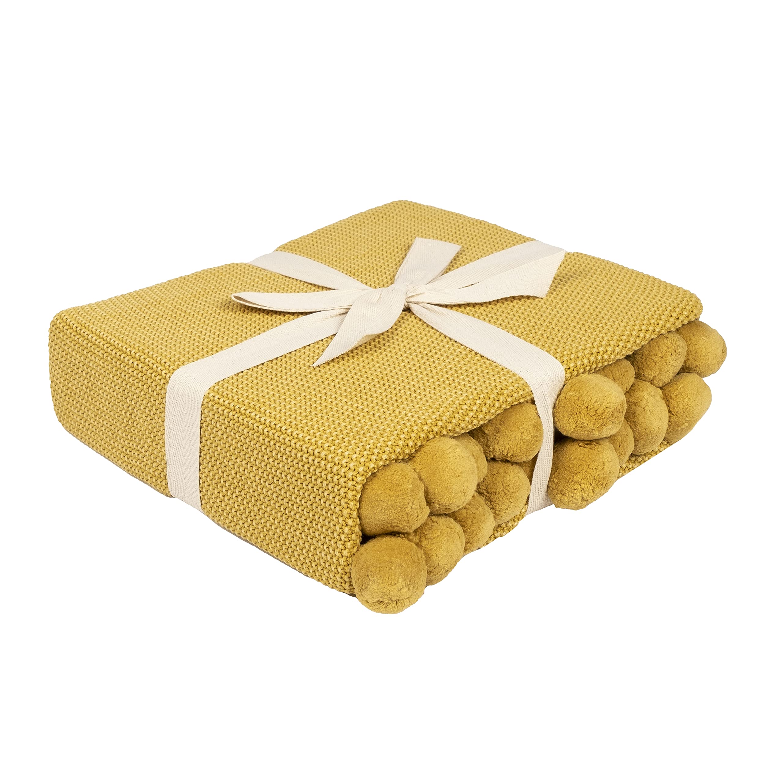 Penguin Home® Manta de Punto con Pompones 100% Algodón - Color Ocre - con Tacto Extra Suave para Sofá Sofá y Cama - Manta Cálida y Acogedora - 130x150 cm (50"x60")