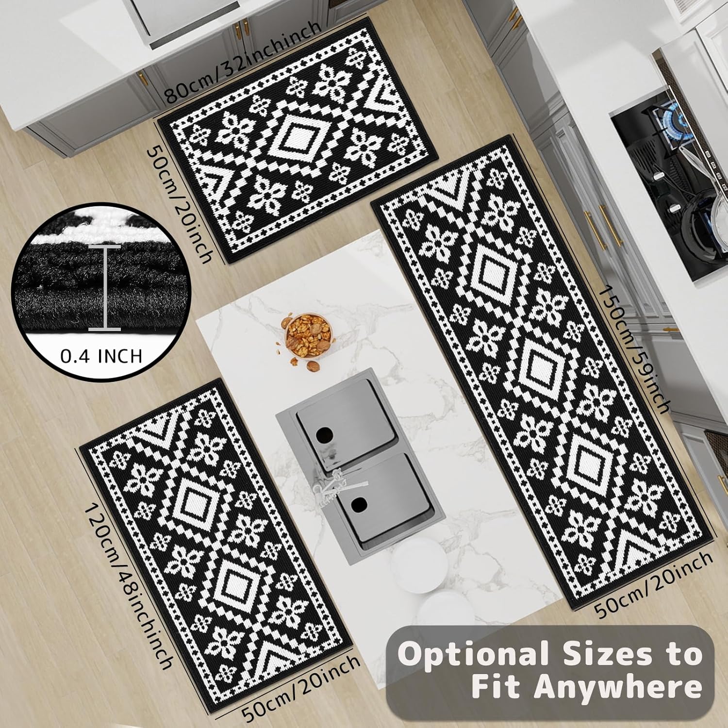 Farmhouse Kitchen Rugs Sets of 3 Non Slip Kitchen Mats for Floor, Washable Boho Kitchen Rug, Absorbent Resists Dirt Kitchen Floor Mat for Sink, Runner, Hallways (Black, 20"x59"+20"x48"+20"x32")