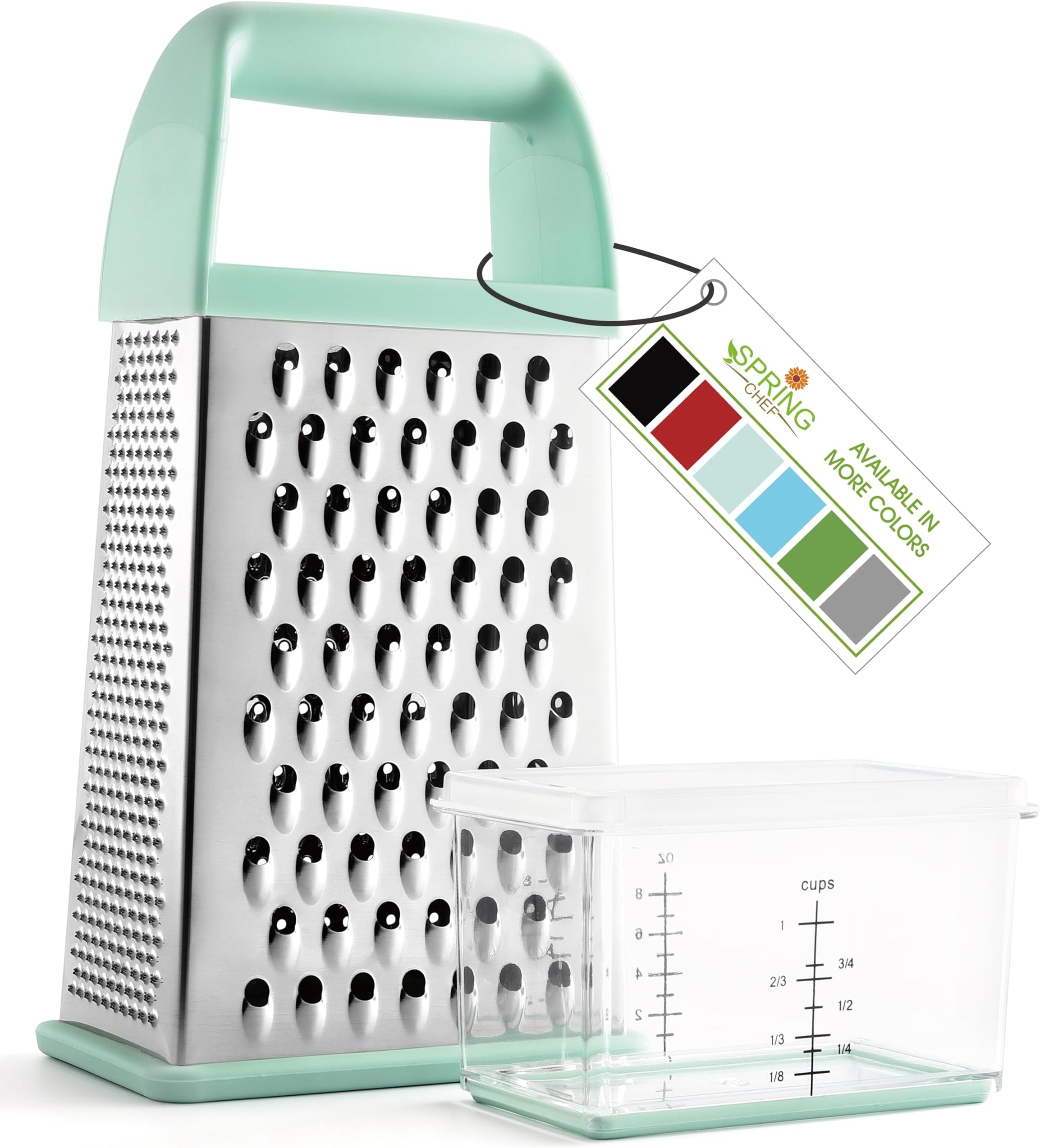Spring Chef Professional 10" Parmesan Cheese Grater With Container, Stainless Steel & Soft Grip Handle, Handheld Kitchen Cheese Shredder, Box Grater with 4 Sides for Potato, Carrot, Veggie - Mint