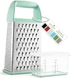 Spring Chef Professional 10" Parmesan Cheese Grater With Container, Stainless Steel & Soft Grip Handle, Handheld Kitchen Cheese Shredder, Box Grater with 4 Sides for Potato, Carrot, Veggie - Mint