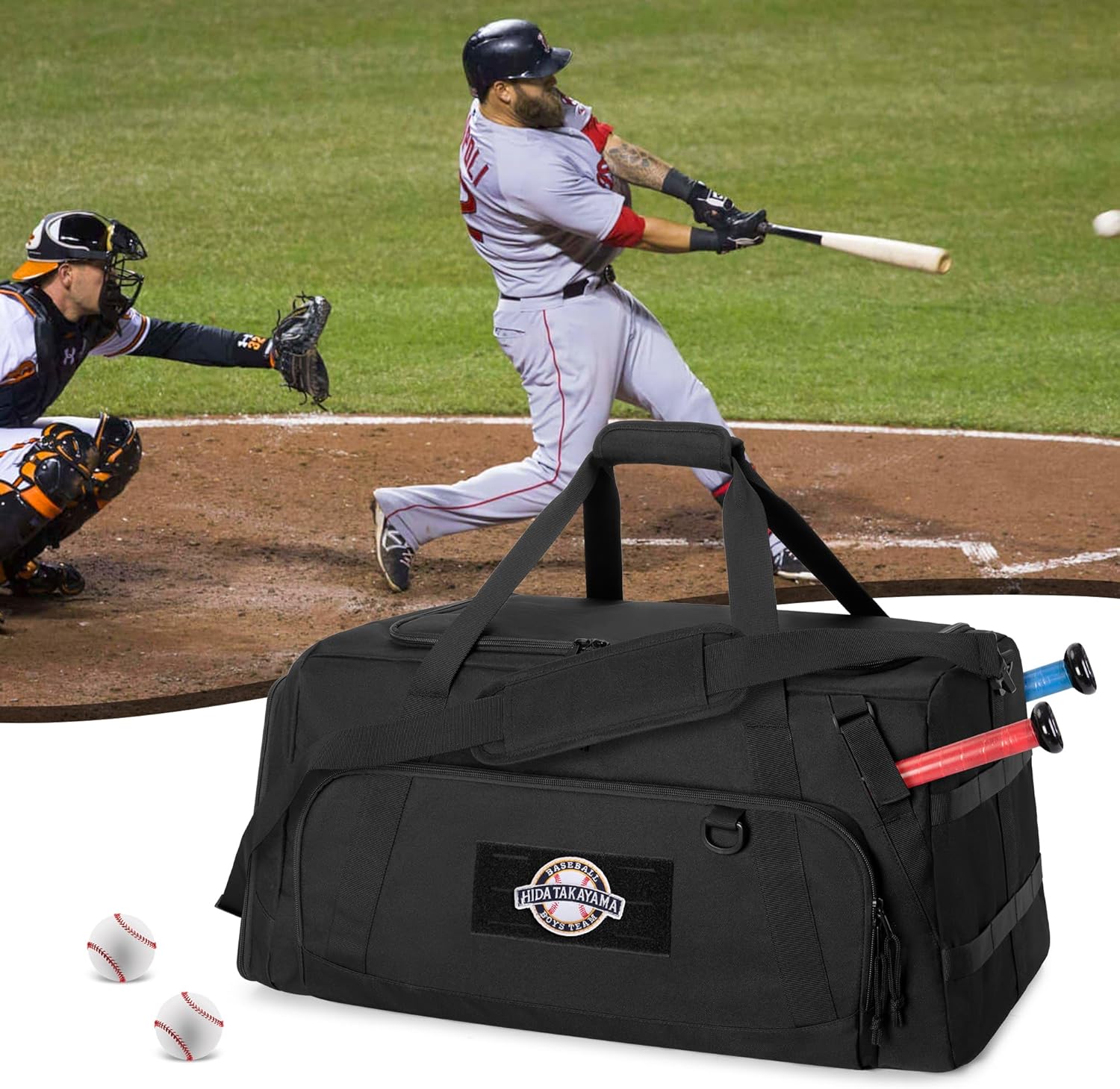 Tactical Baseball Duffle Bag with 2 Bat Holder, Catchers Gear Bag for Softball Equipment, Travel Baseball Bags with Shoe Compartment for Gym Sports