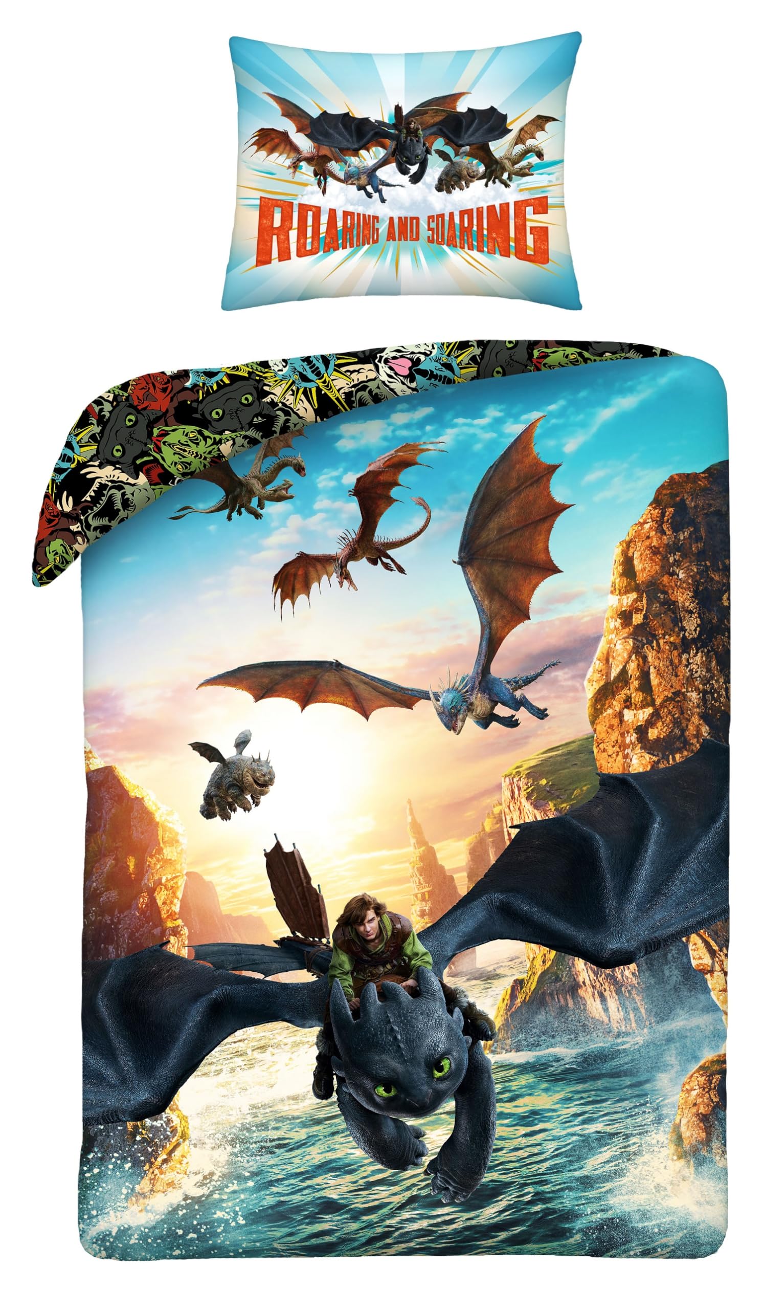 Halantex Dragon Trainer Bed Set – Toothless Hiccup and the Dragons of Berk – Duvet Cover 140 x 200 cm with Pillowcase 70 x 90 cm – Microfibre – Multicoloured