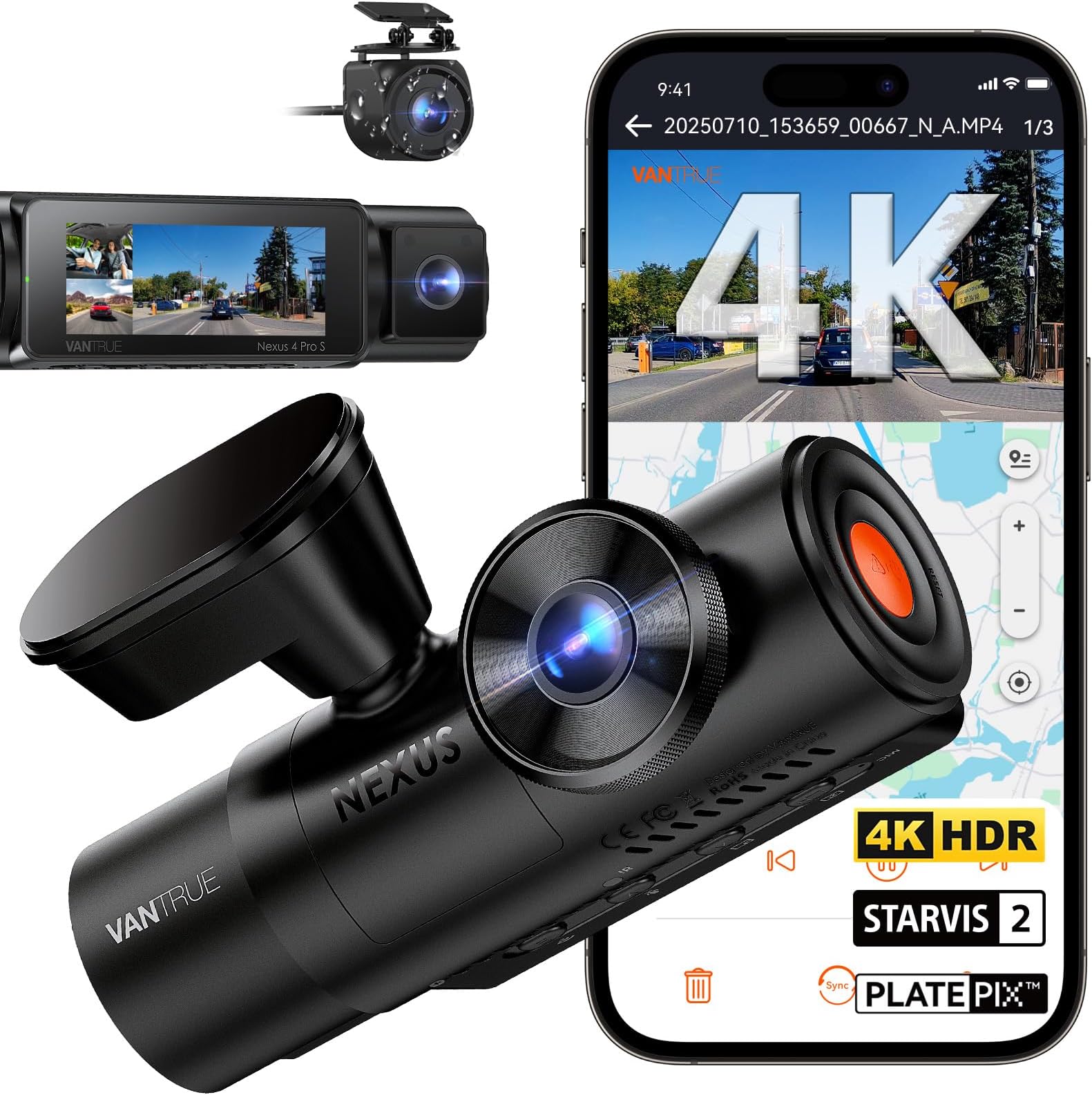 Vantrue N4 Pro S 4K 3 Channel Dash Cam w/Triple STARVIS 2, 4K+1080P+2.5K Fron...