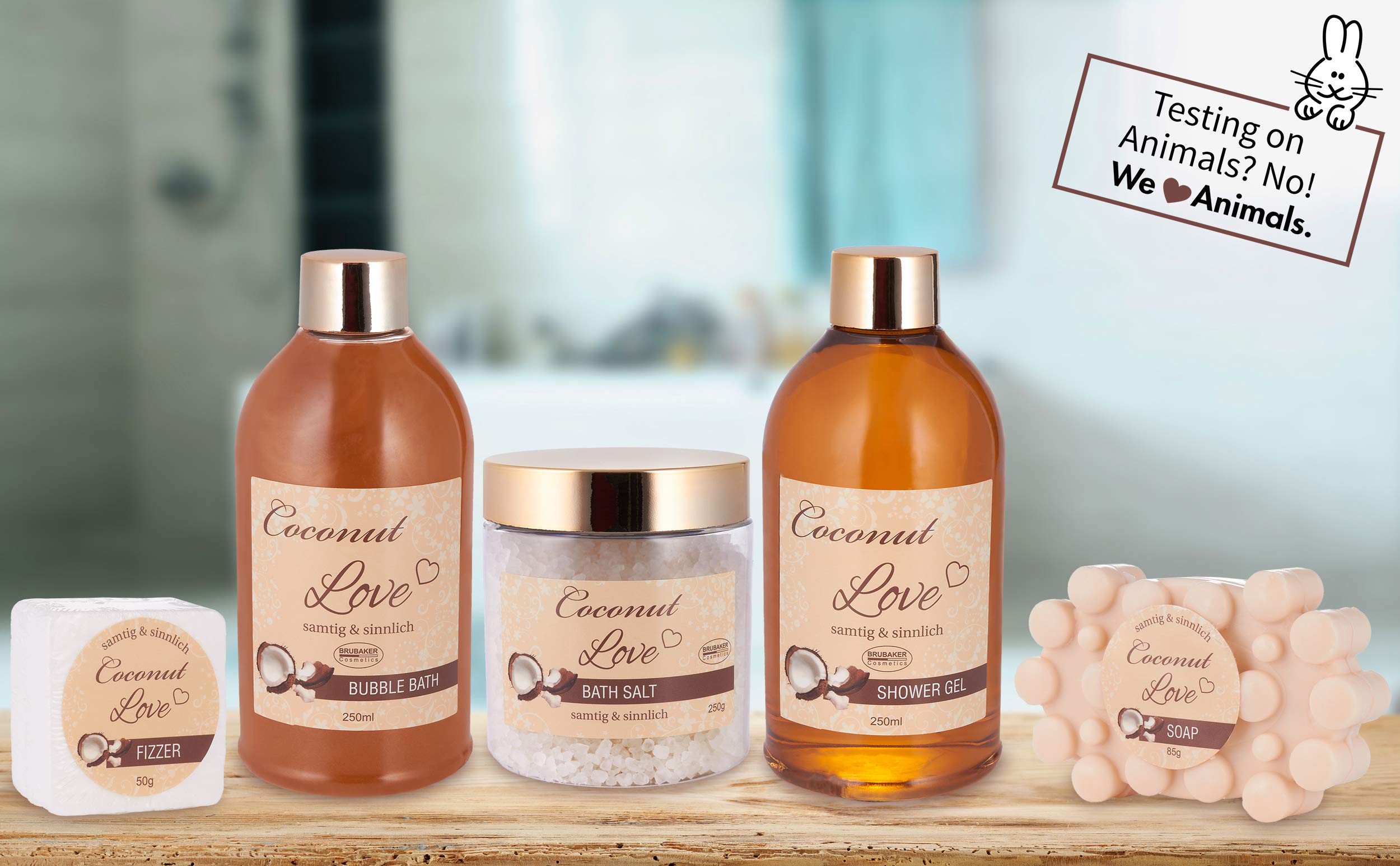 BRUBAKER set da bagno 'Coconut Love' presentato in una mini vasca da bagno color oro, 6 pezzi