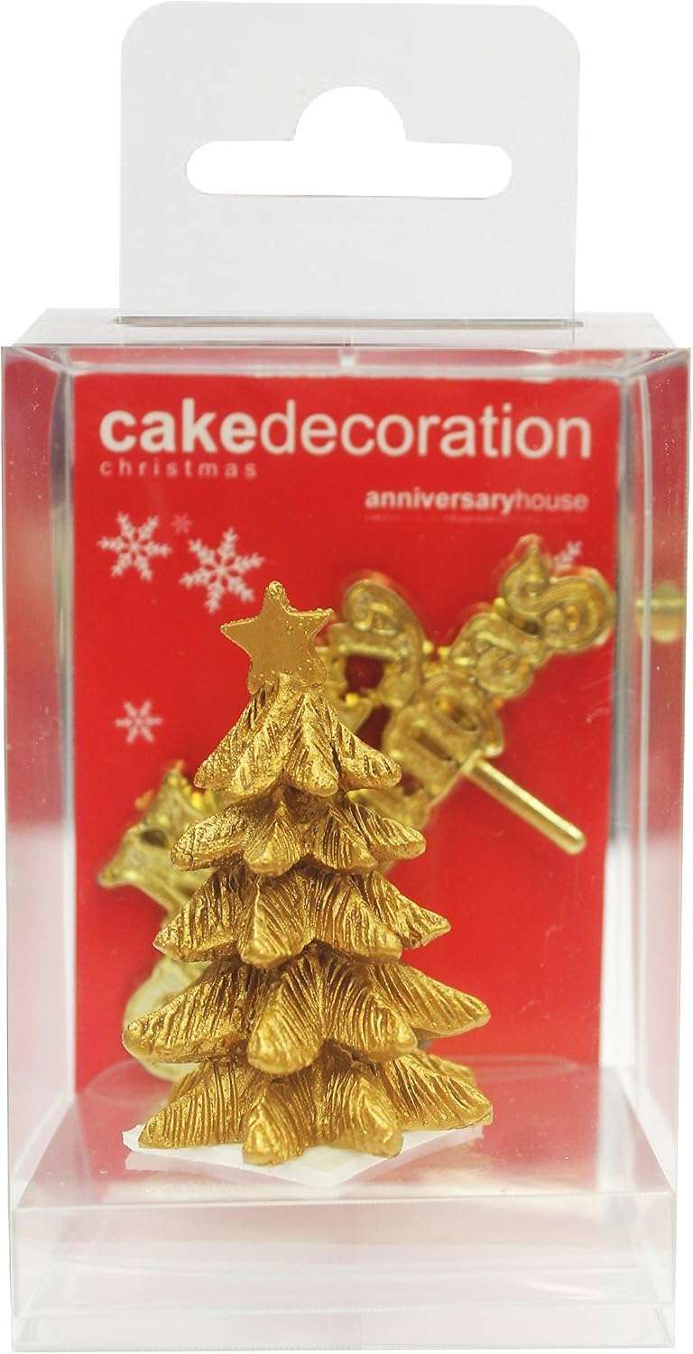 Anniversary House 2pcs Gold Tree Resin Cake Topper & Gold Merry Christmas Motto Luxury Boxed Cake Decorations