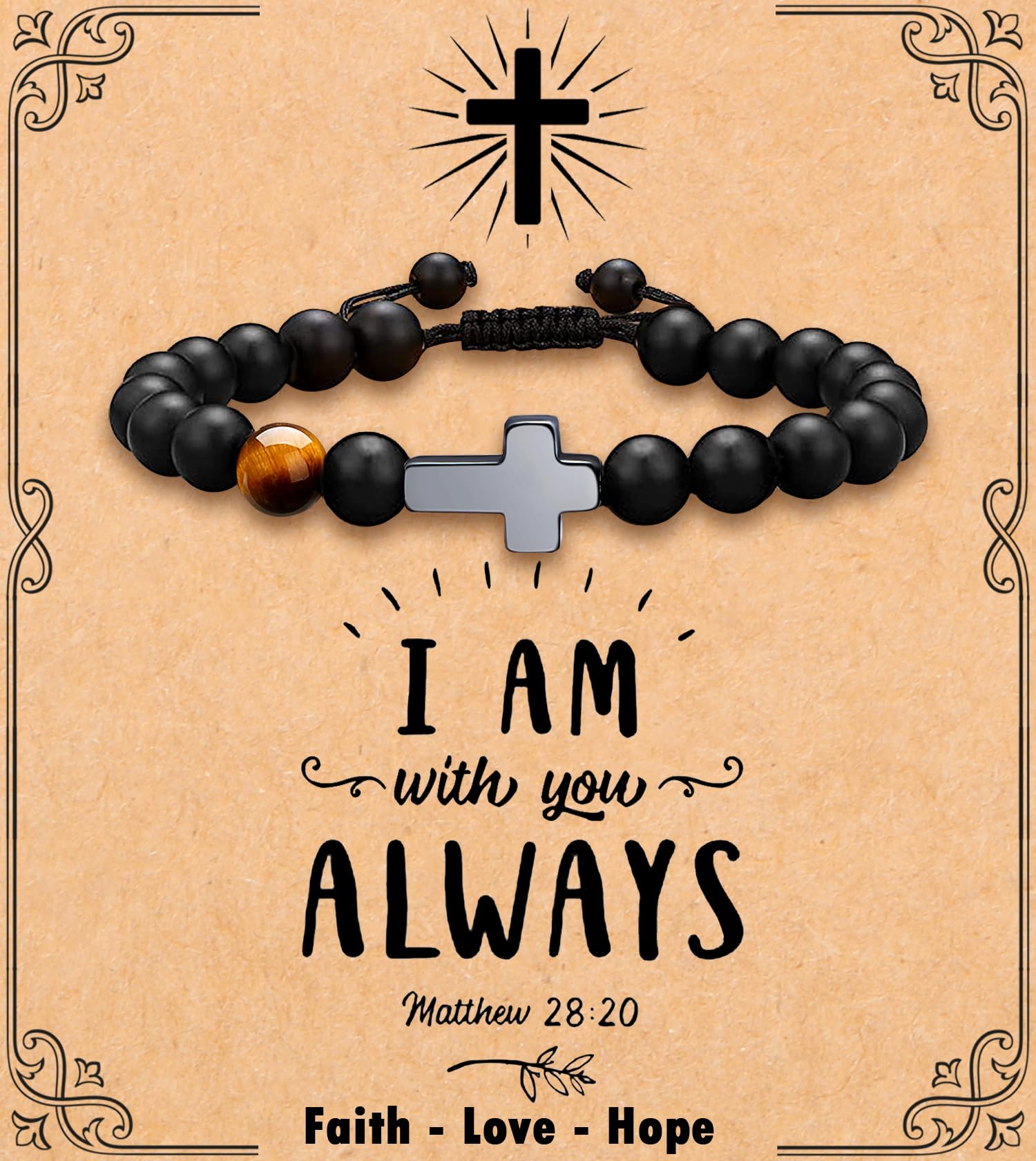 MFTRADING Cross Bracelet for Men Christian Gifts for Son Grandson Brother Husband Dad Man Godfather Religious Baptism Jewelry Birthday Retirement Gifts Beaded Bracelet