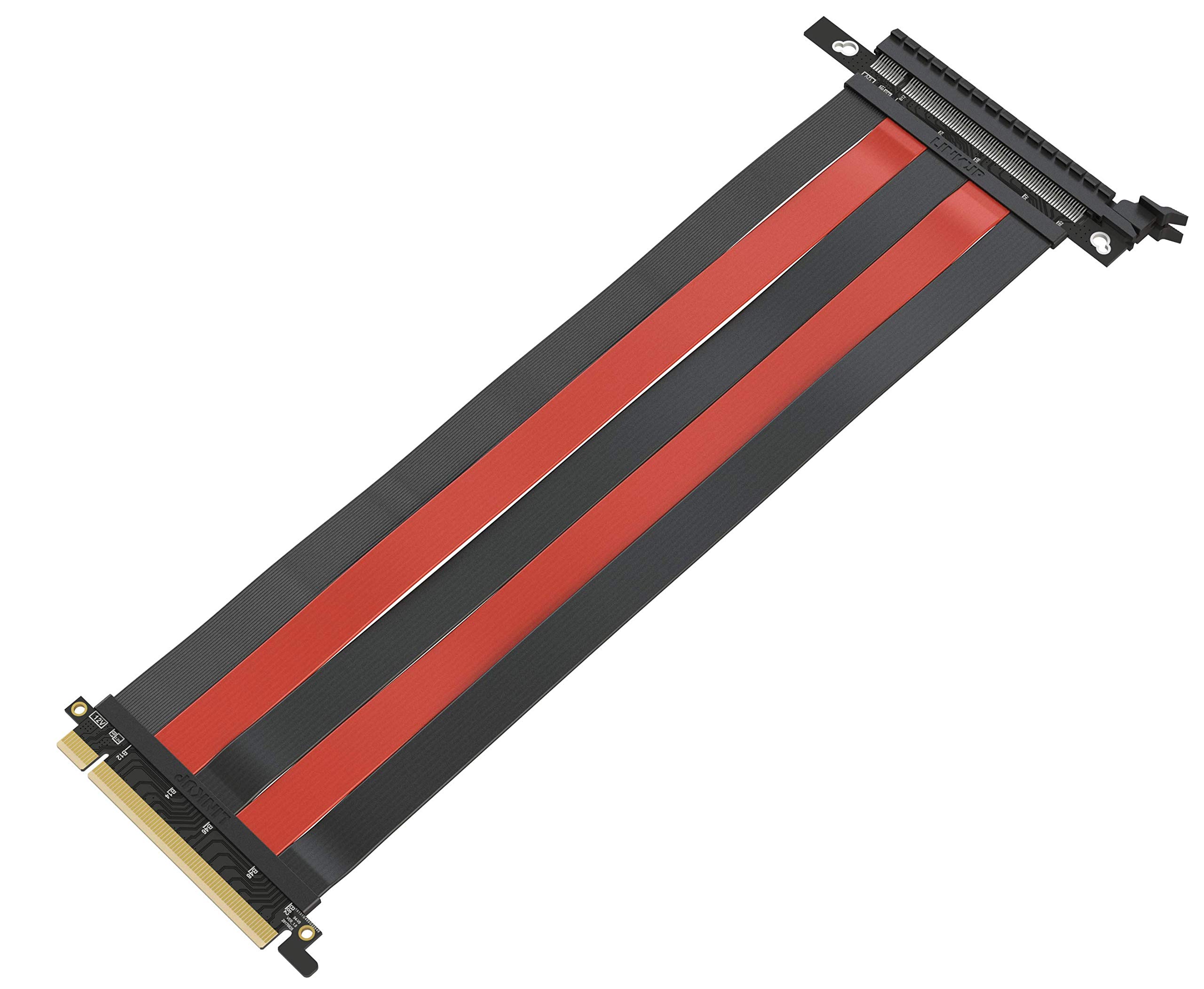 LINKUP - [30cm PCIE 3.0 16x Shielded Extreme High-Speed PCI Express Riser Port Extension Cable 2020 Rev┃Straight Socket - TT Compatible Black & Red