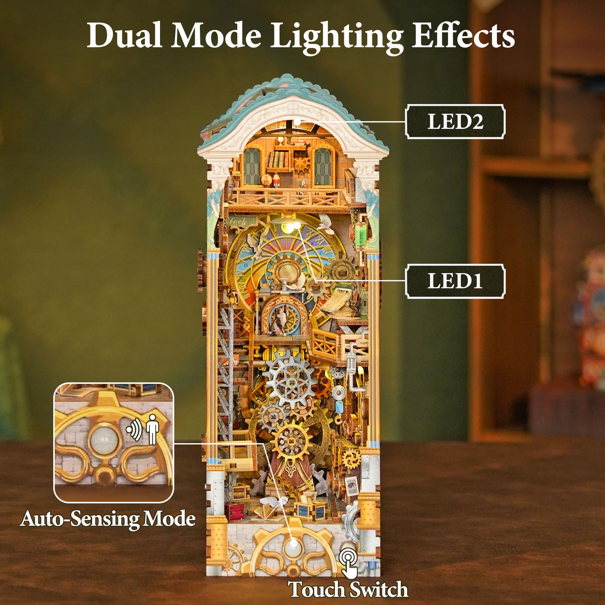 Tonecheer Book Nook Kit con protezione antipolvere e luce LED, Torre dell'orologio 3D puzzle fermalibri in legno, parti mobili e rotanti, fermalibri creativi per biblioteca, set fai da te per adulti