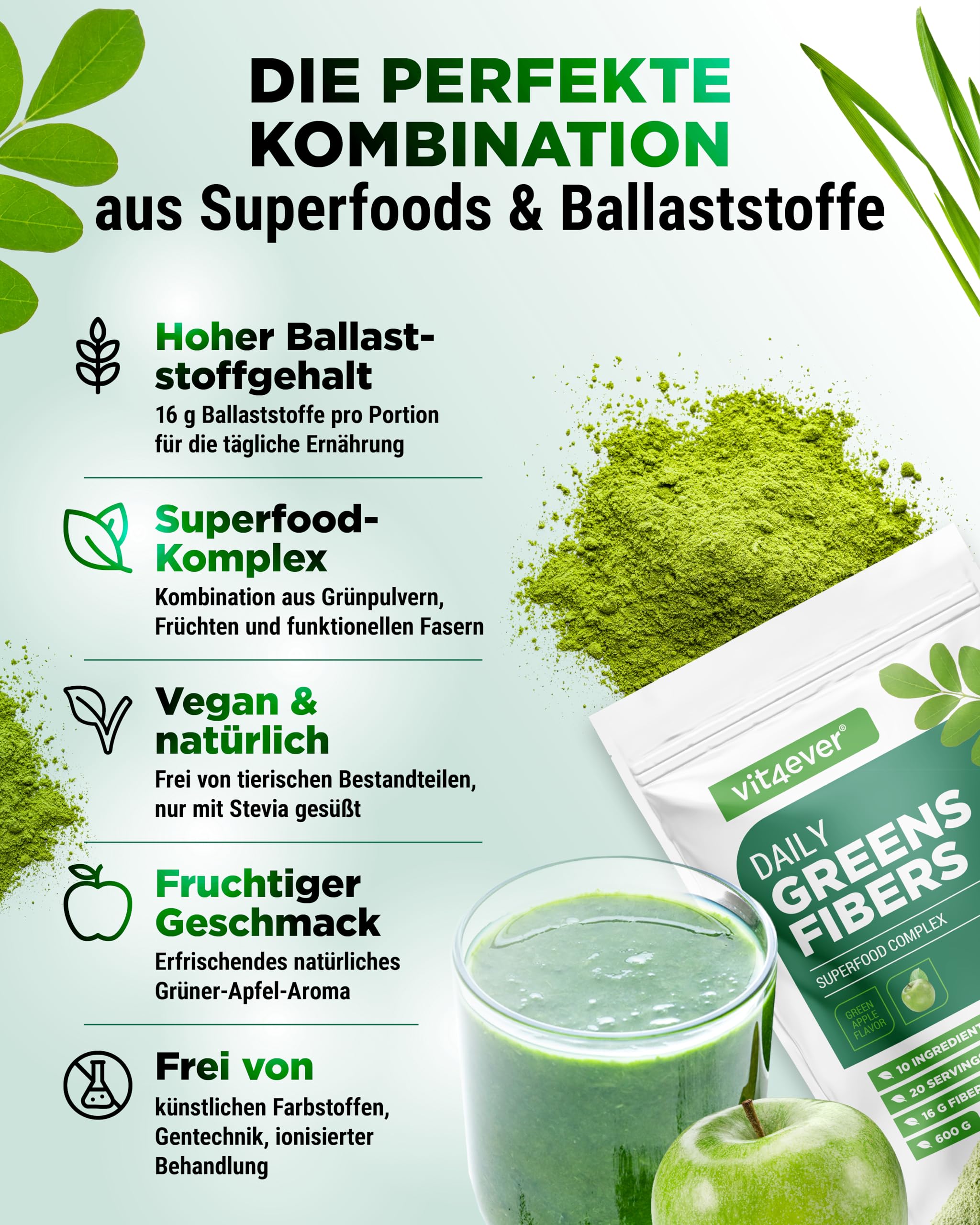 vit4ever Greens & Fiber Pulver - 600g - 16g Ballaststoffe & Superfoods | Flohsamen, Spirulina, Moringa, Gerstengras, Inulin, Apfelfaser, Kurkuma