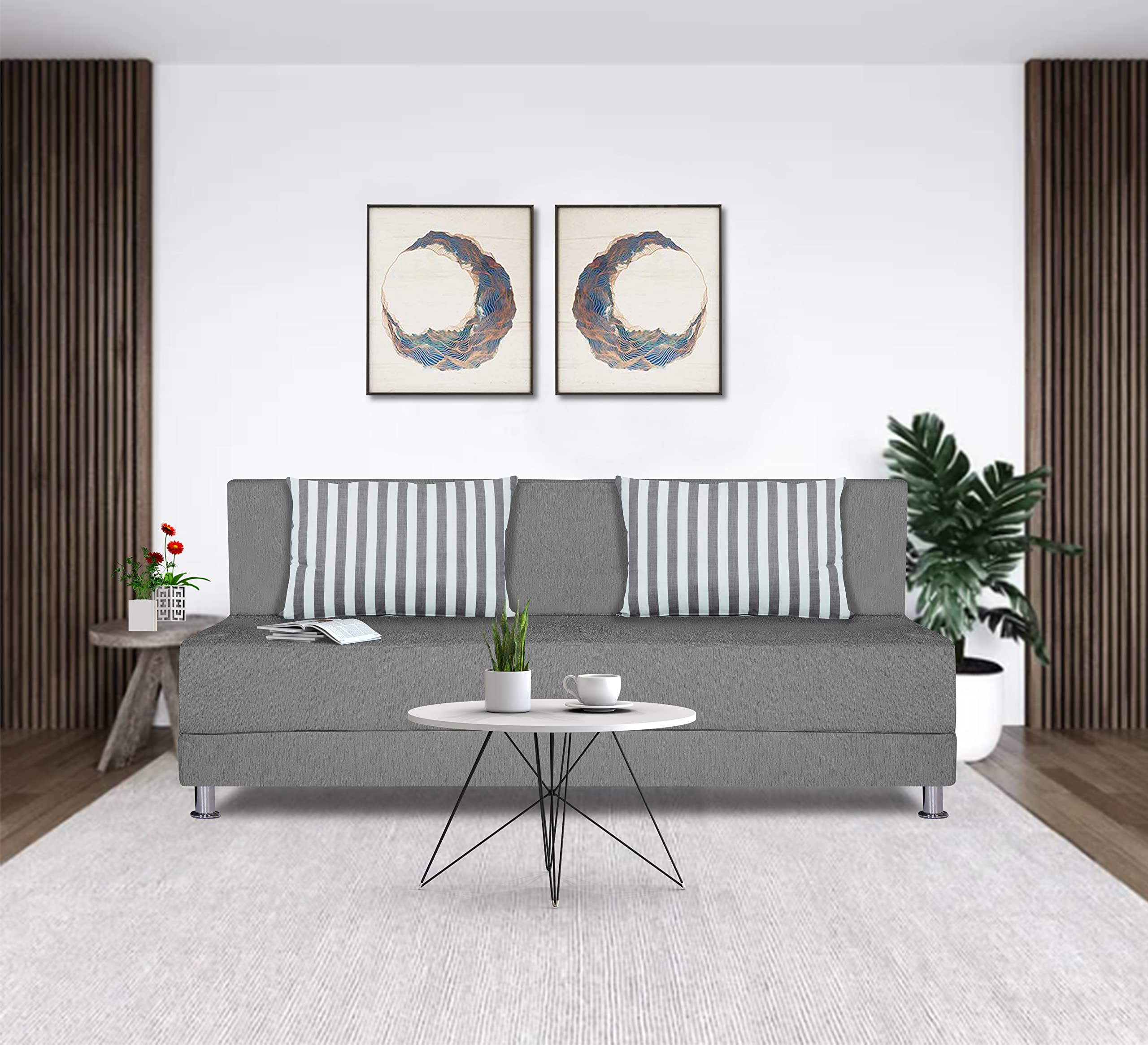 Adorn India Easy Alyn Plus Stripes 4 Seater Sofa Cum Bed (6x6, Grey) (Wood) (1 Year Warranty)