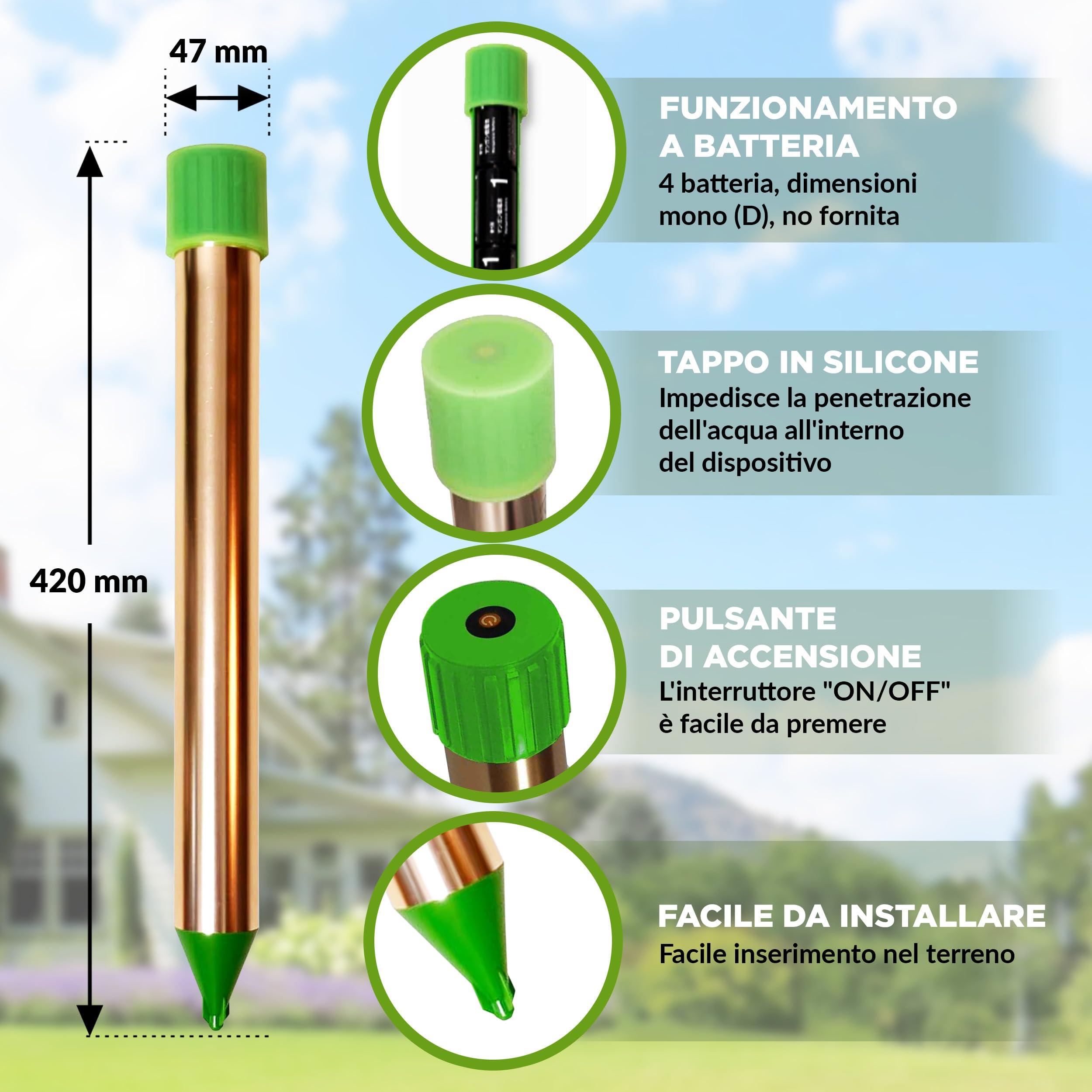 ISOTRONIC Repellente per talpe, arvicole e serpenti – Repellente per talpe a batteria con picchetto per il giardino – Area di copertura effettiva 1.250 m² (2 unità)