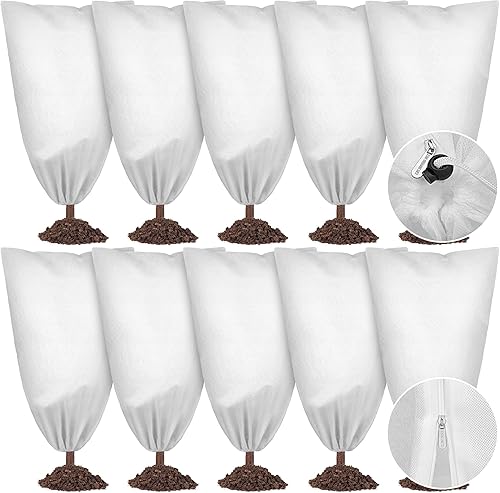 10 cubiertas para plantas, protección contra congelación, cubierta de invierno para plantas con cordón y cremallera, bolsa protectora grande para