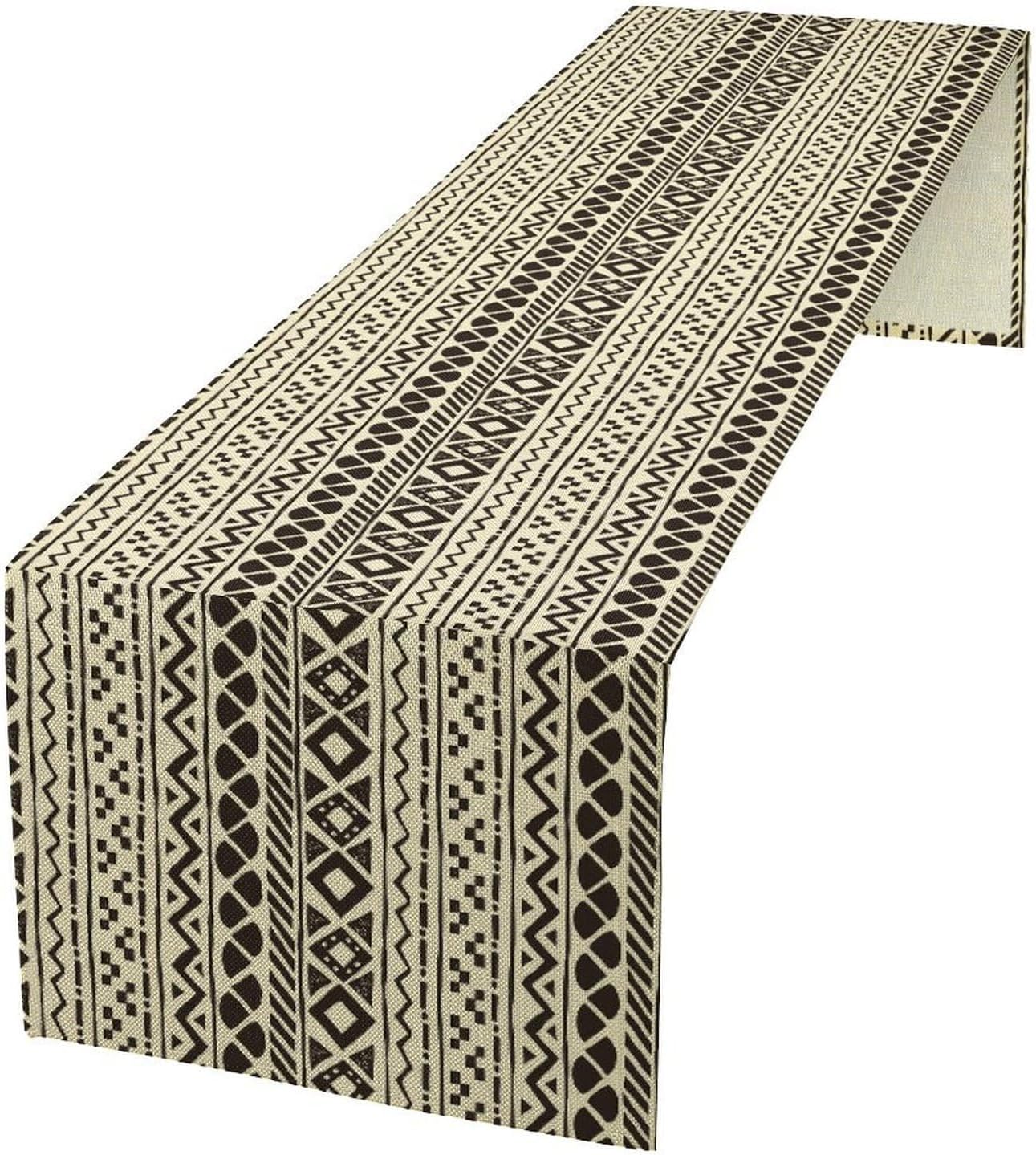 African Mud Cloth Table Runner, Traditional Africa Ethnic Tribe Black White Beige Aztec Geometric Pattern Kitchen Dinning Table Runner for Indoor Outdoor Home Party Holiday Decor, 13x108 Inch