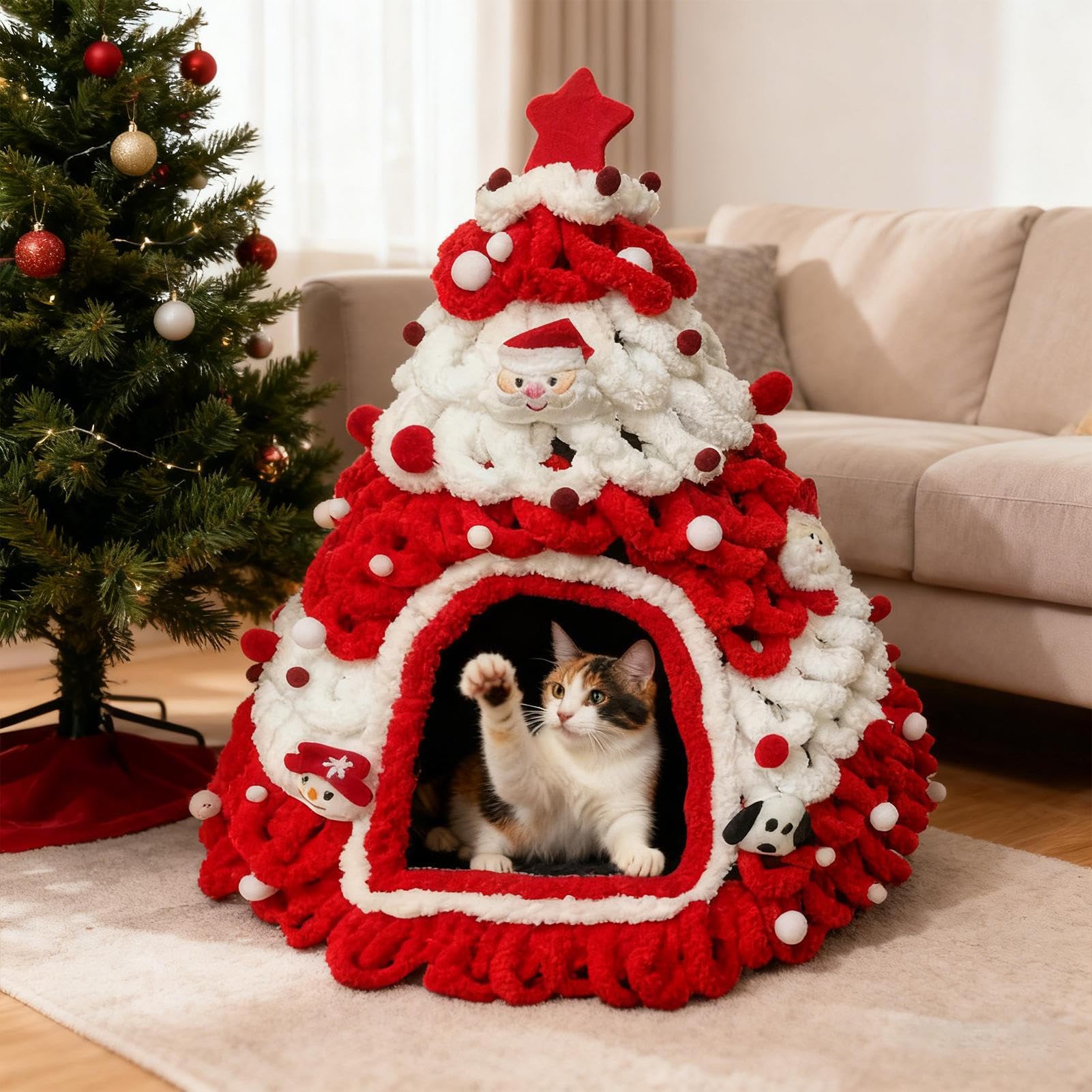 Cuccia per gatti a forma di albero di Natale, semi-chiusa, invernale, calda, a forma di albero di Natale, per gattini, piccoli animali domestici, per interni ed esterni, casa e inverno
