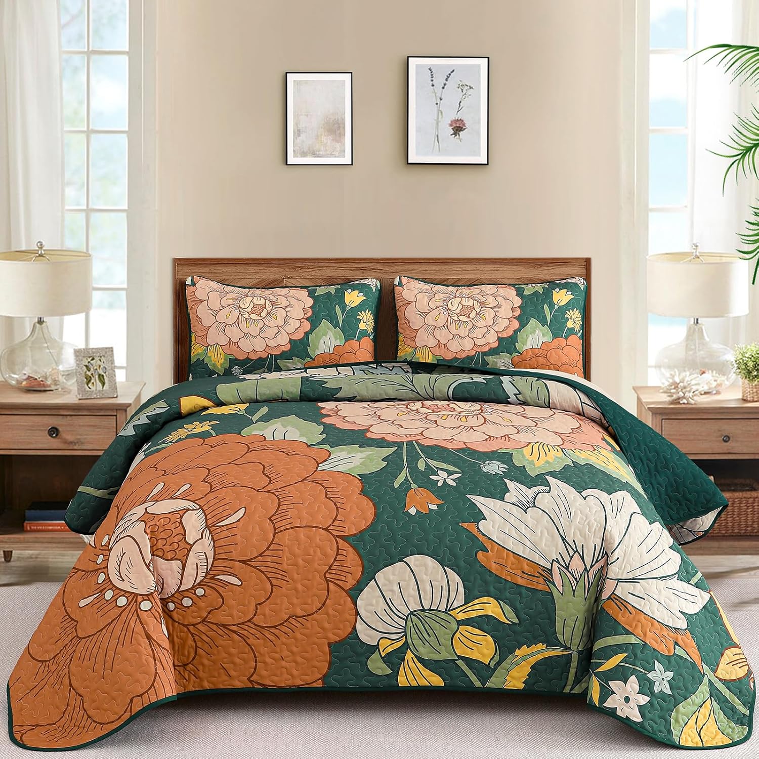 DJY 3 Piece Green Floral Quilt Set Queen Size - Boho Flower Bedspread Coverlet Set, Soft Microfiber Farmhouse Bohemian Floral Bedding Set Botanical Quilt for All Season (Queen, 96''x90'')