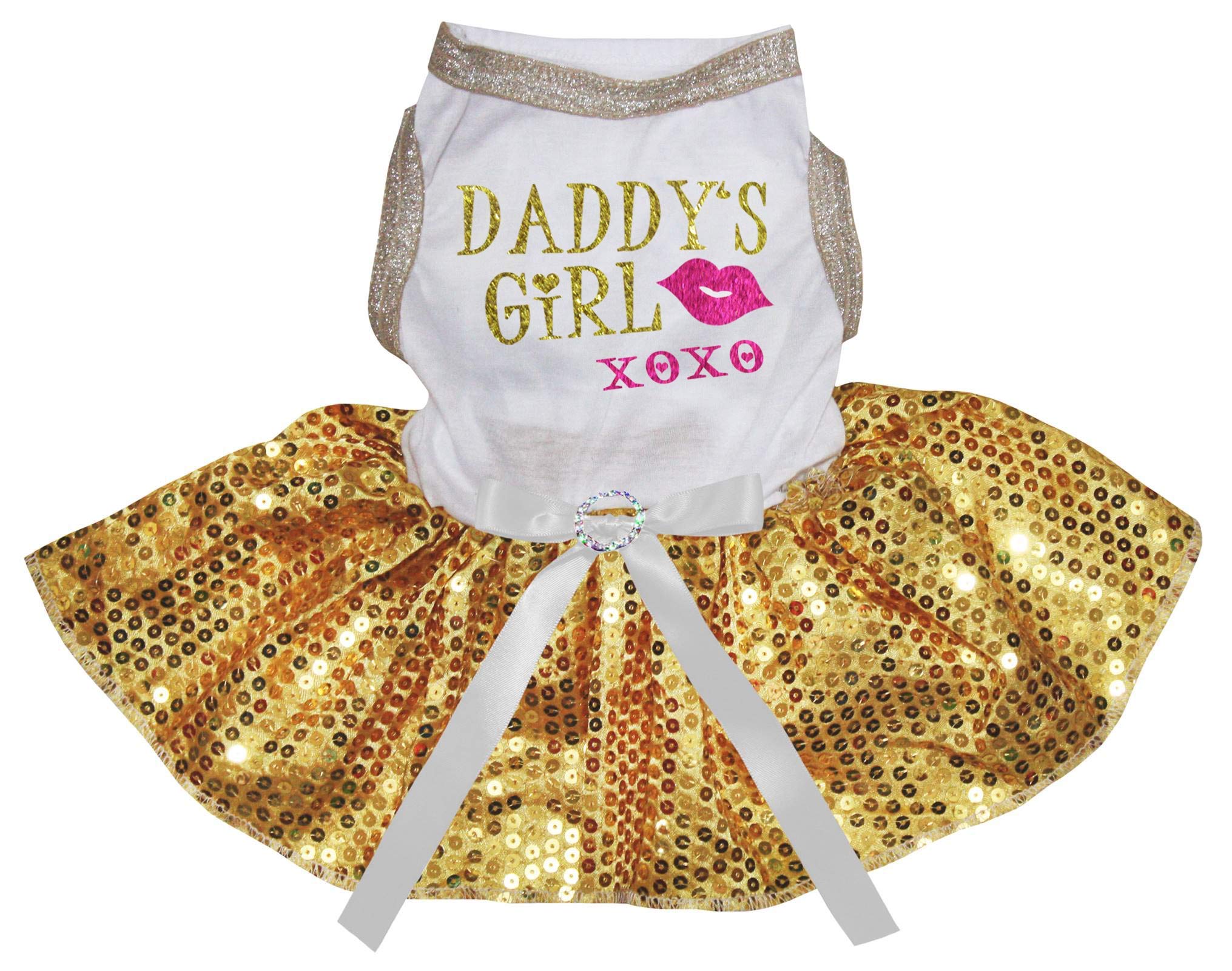 Petitebella Daddy's Girl XOXO Kiss Puppy Dog Dress (White/Gold Sequins, XX-Large)