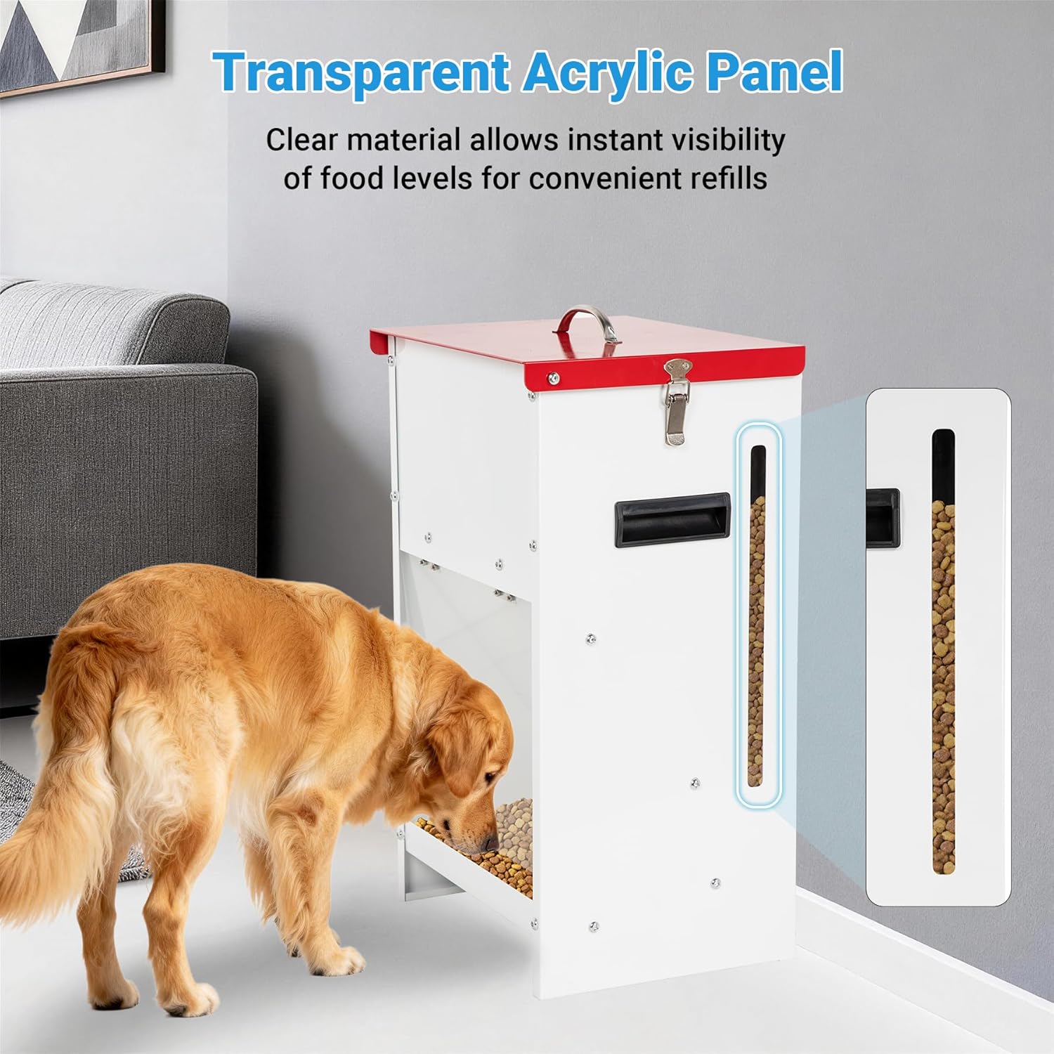 Metal Automatic Dog Feeder - 25LBS Capacity Automatic Gravity Dispenser, Powder Coated & Waterproof for Indoor & Outdoor Use, 12.3" L x 10.5" W x 21.3" H, Red and White