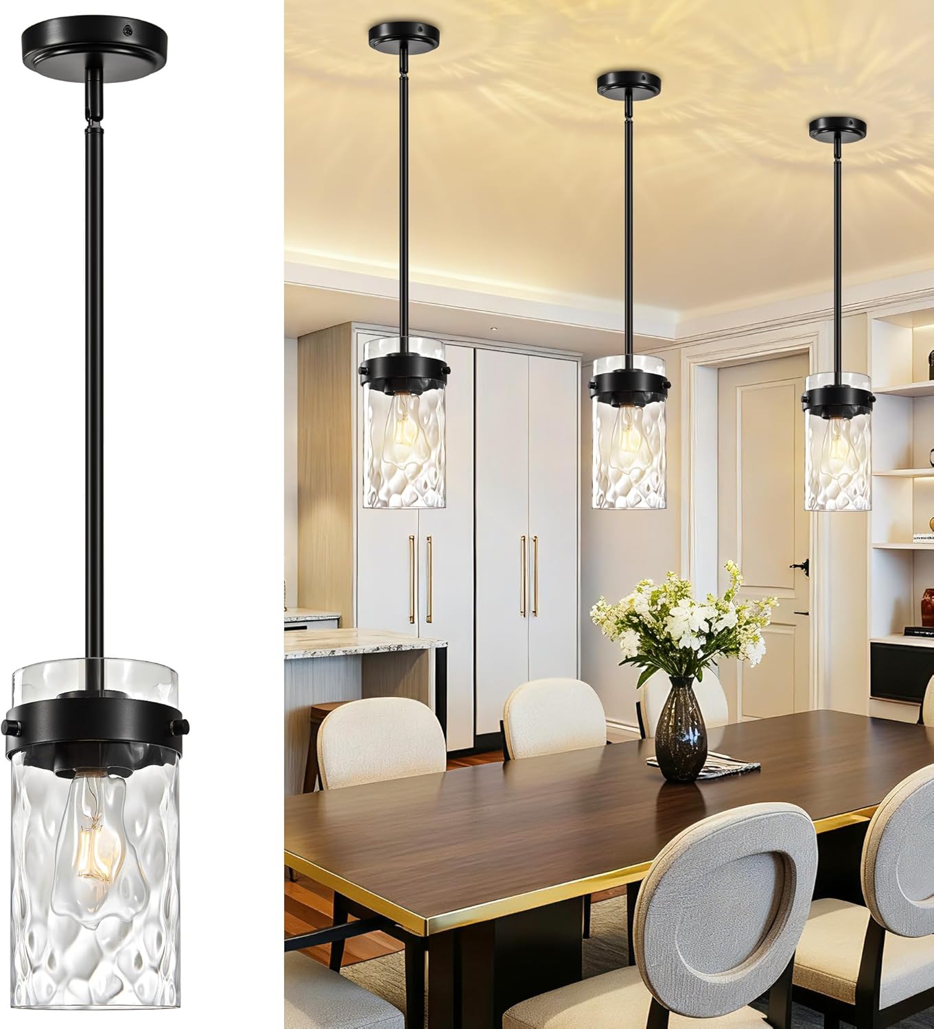 4.72" Hammered Glass Pendant Lighting for Kitchen Island 1 Pack, Modern Black Pendant Light Fixtures, Adjustable Ceiling Pendant Light for Kitchen Island Dining Room Bedroom Hallway