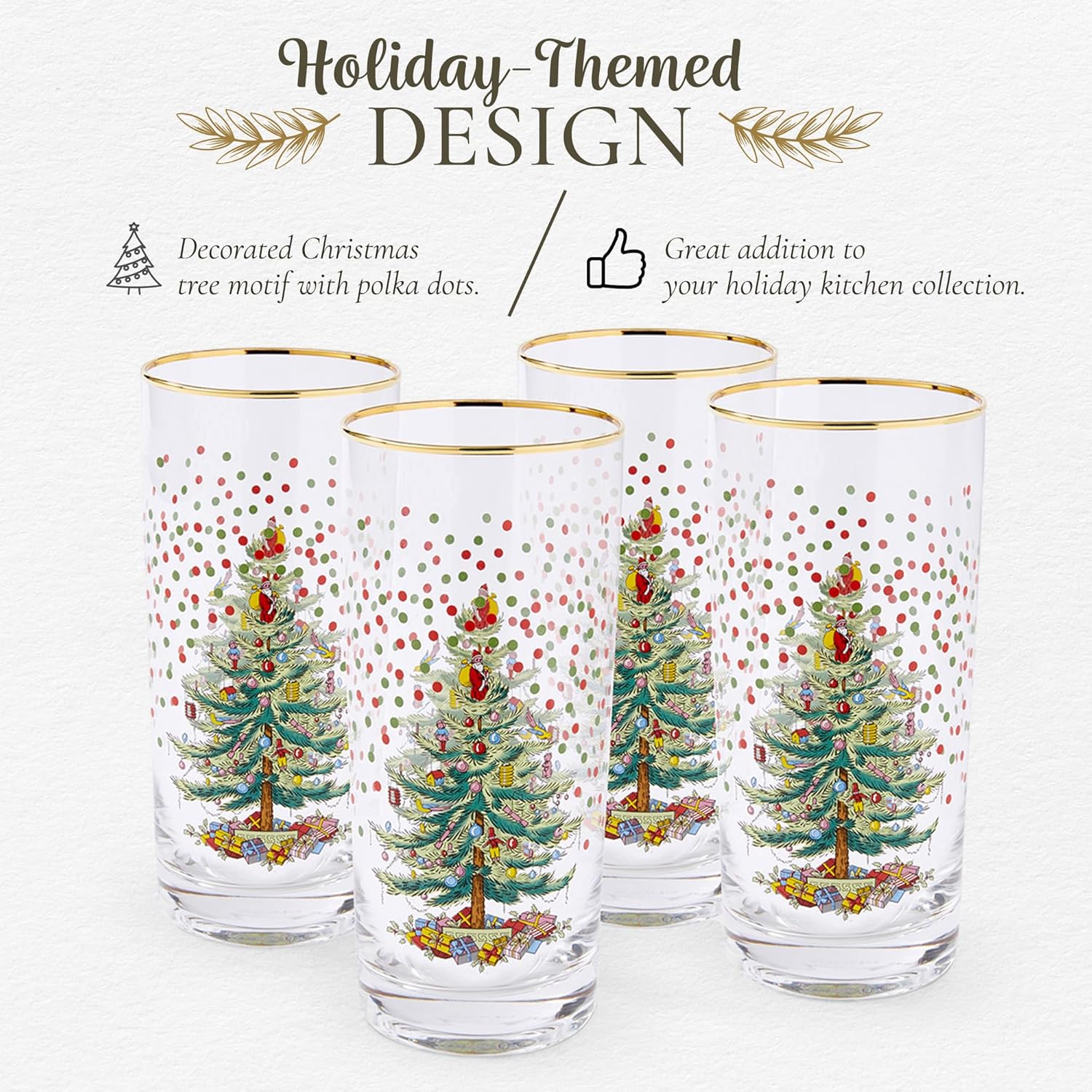 Spode Christmas Tree 15 Fl. Oz. Highball Glass (Set of 4), Polka Dot – Classic Highball & Barware, Cocktail Glasses for Mixed Drinks, Beverage Glasses for Holiday Celebrations