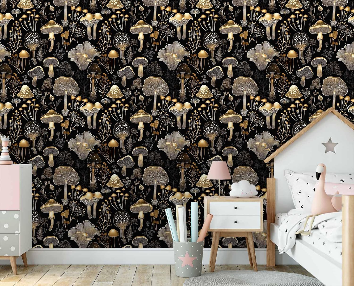 Elegant Gold Mushroom Wallpaper – Peel and Stick Wallpaper for Accent Walls, Living Room, or Bedroom Decor, 17.7in x 236in