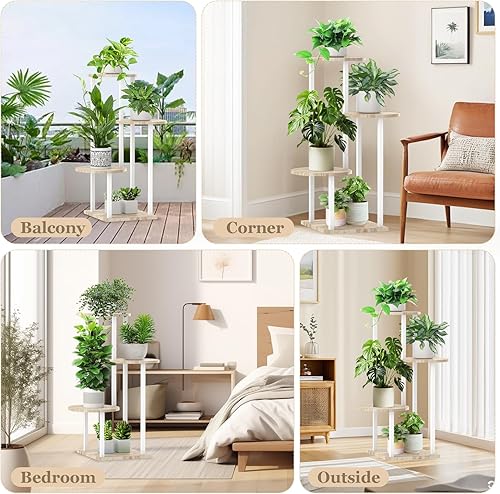 Miniatura 6 de Soporte alto para plantas de metal blanco y madera de 4 niveles, estante para interiores, soporte para macetas de flores para múltiples plantas