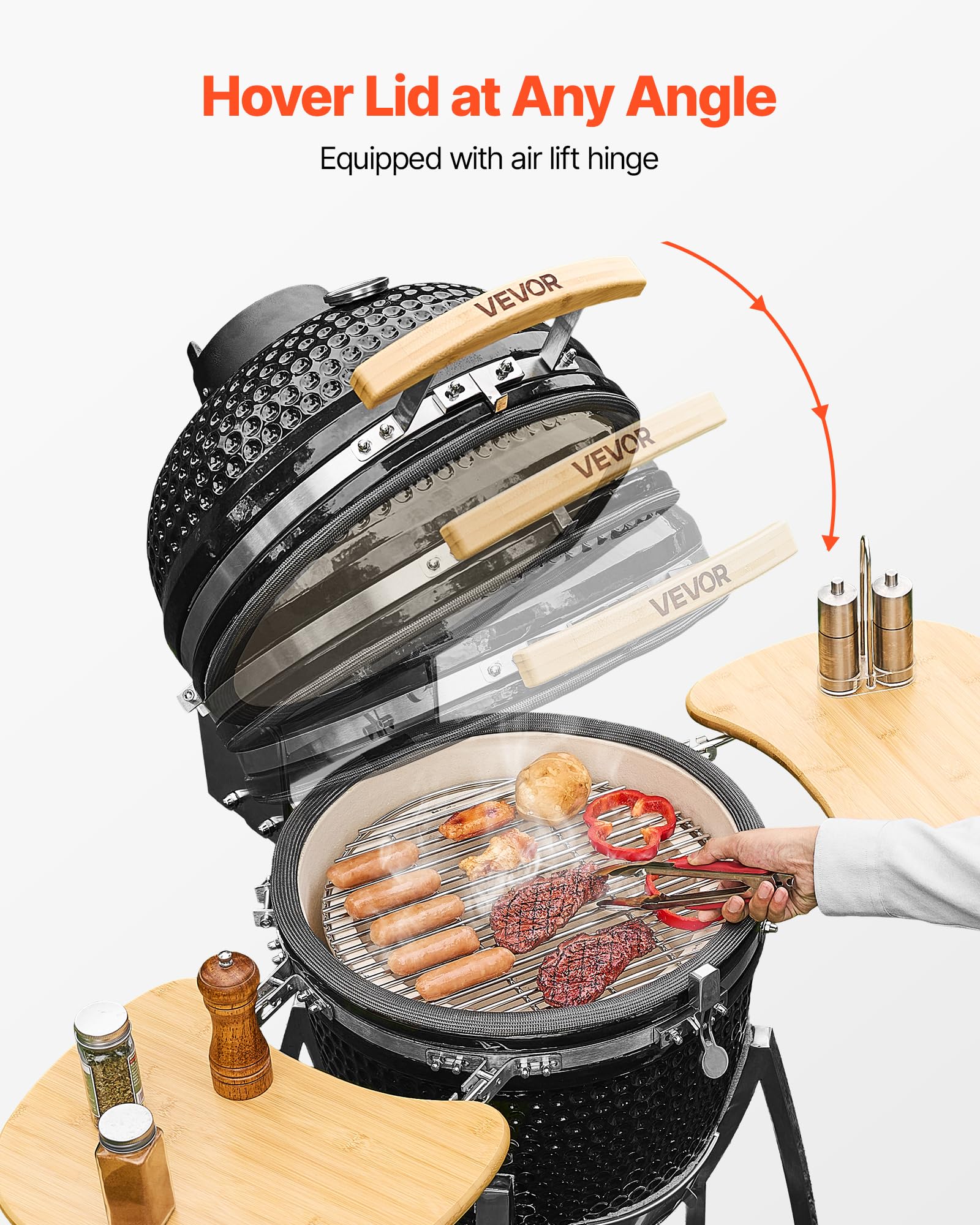 VEVOR Wędzarnia i grill na węgiel drzewny Kamado, 45 cm, ruchomy ceramiczny grill z 4 kółkami (2 zamykane), wbudowany termometr, otwory wentylacyjne i półka boczna do gotowania na zewnątrz na patio