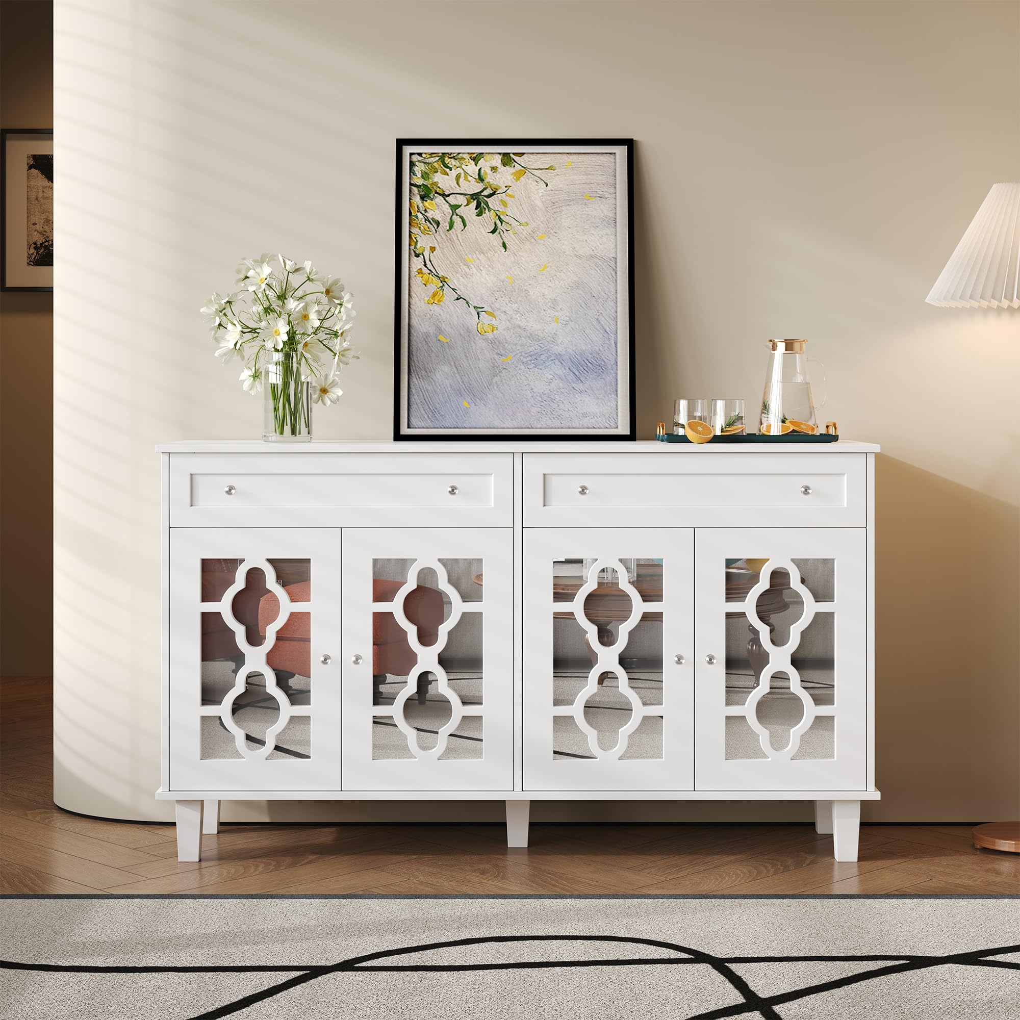 Komoda z drzwiami z lustrem, 140 cm, komoda z kryształowymi uchwytami, kredens z 2 szufladami, nowoczesna komoda z regulowanymi półkami, elegancka szafka do przechowywania do przedpokoju