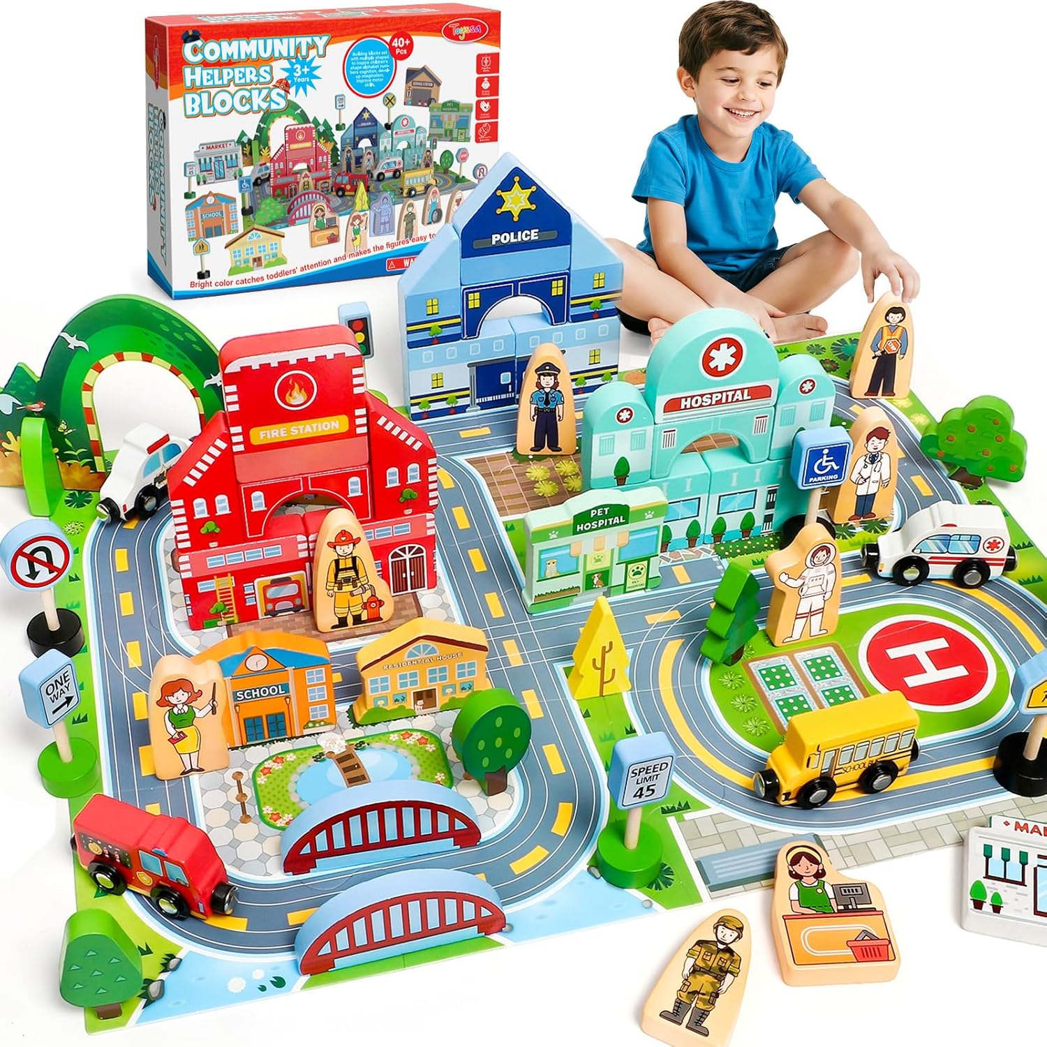 Toyssa 40+Pcs Wooden Community Helpers Preschool Toys for Kids 3 4 5 6, Little People Figures Blocks with Cars & Town Map, Toddlers Learning Pretend Play Toys Boys Girls Christmas Birthday Gifts