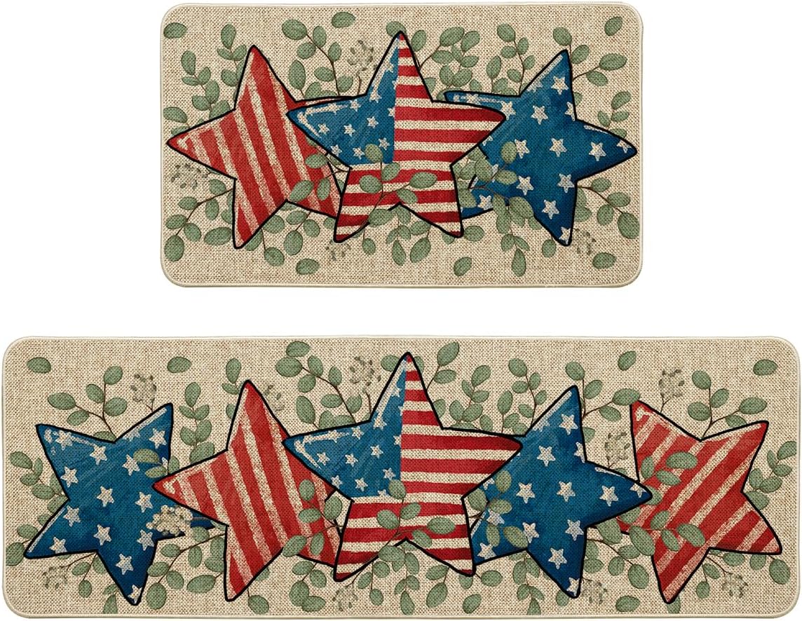 Artoid Mode American Flag Stars Eucalyptus Patriotic 4th of July Kitchen Mats Set of 2, Memorial Day Home Decor Kitchen Rugs for Floor - 17x29 and 17x47 Inch