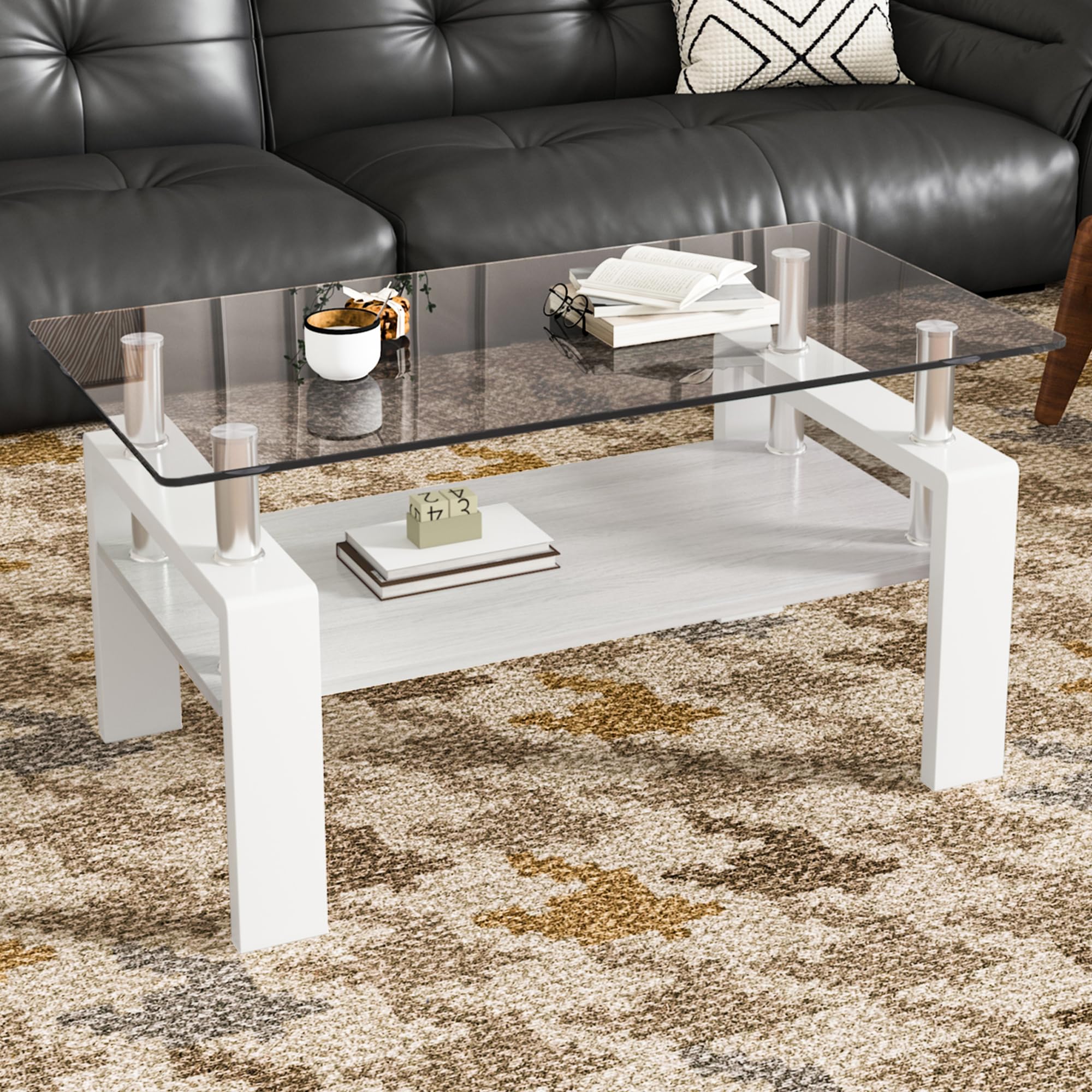 Amazon.co.jp: モダン長方形コーヒーテーブル 強化ガラス天板