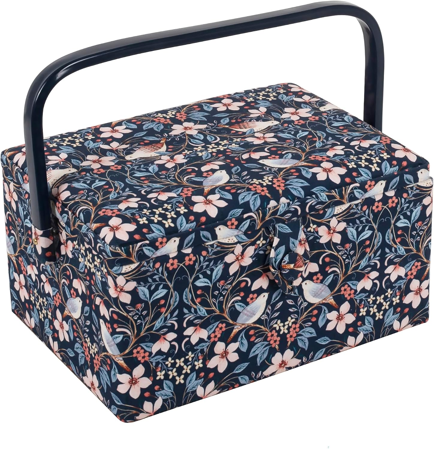 Hobby Gift Medium Sewing Box Organiser, Fabric Covered Storage Box with Handle, Internal Tray, Pin Cushion and Pocket for Sewing, Quilting and Knitting Supplies