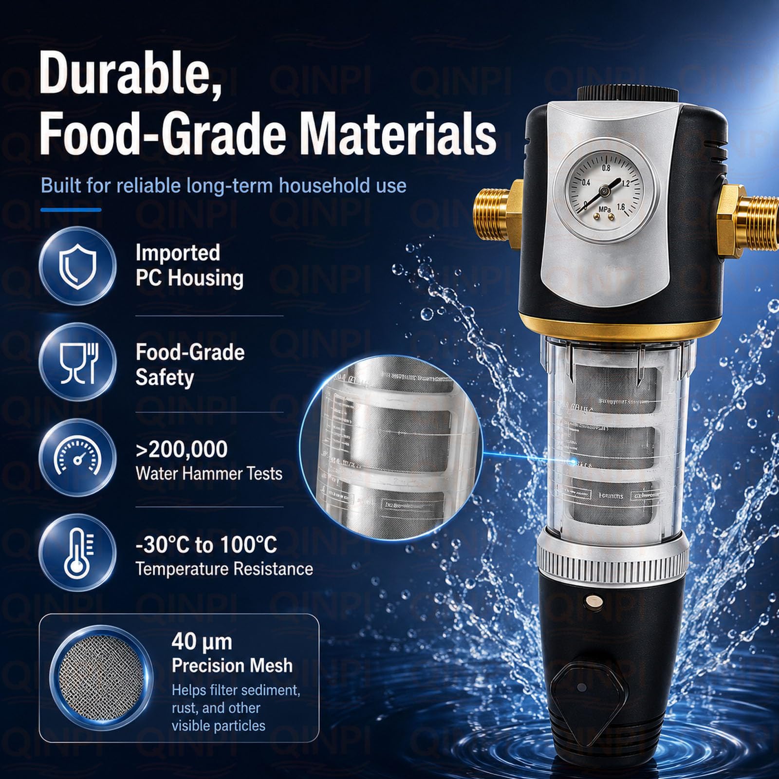 Prefiltro Acqua per Tutta la Casa, DN15 20 mm con Manometro, Rete in Acciaio Inox 316, Filtro Sedimenti 40 μm, Filtro Acqua a Controlavaggio ad Alta Portata 5000 L/h per Casa