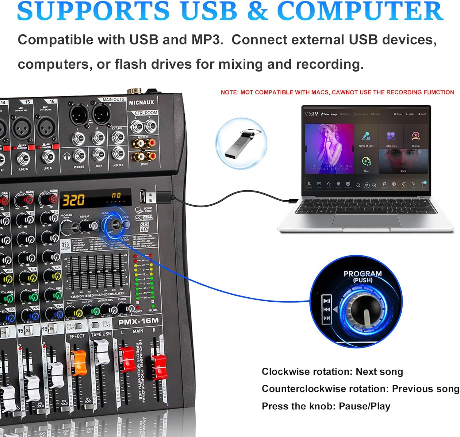 Audio Mixer 16 Channel Professional Mixer Console with 320 DSP Effects, 7-band EQ Sound Mixing Board Digital DJ Mixer w/USB Bluetooth MP3 for Recording, Independent 48V Power & Mute Button