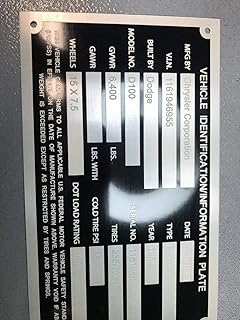 Decal USA Truck Car Vintage Vehicle Info Plate VIN # Model GFits VWR Tires Year Custom Engraved