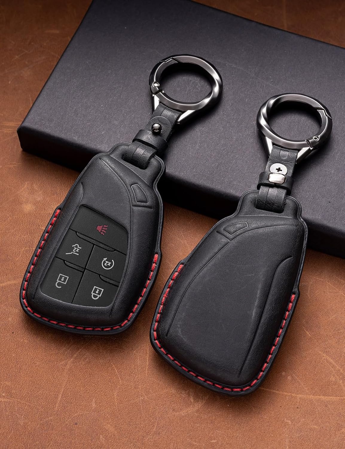 for GMC Key Fob Cover Leather Car Remote Case Holder Keychain Compatible for Chevy Tahoe Suburban Silverado GMC Sierra Yukon Denali Buick -Black
