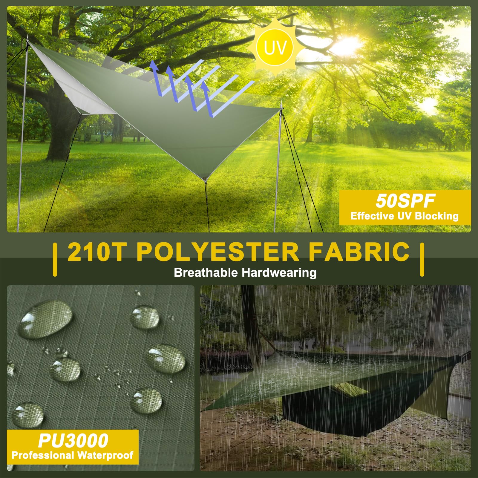Hossom Toldo Camping Impermeable, 3,4X2,6M Ultraligero y Portátil Toldo de Refugio, ienañda de Campa Hamaca, Protección UV, Anti Desgarro, Tarp para Hamaca Picnic Pesca Camping Senderismo