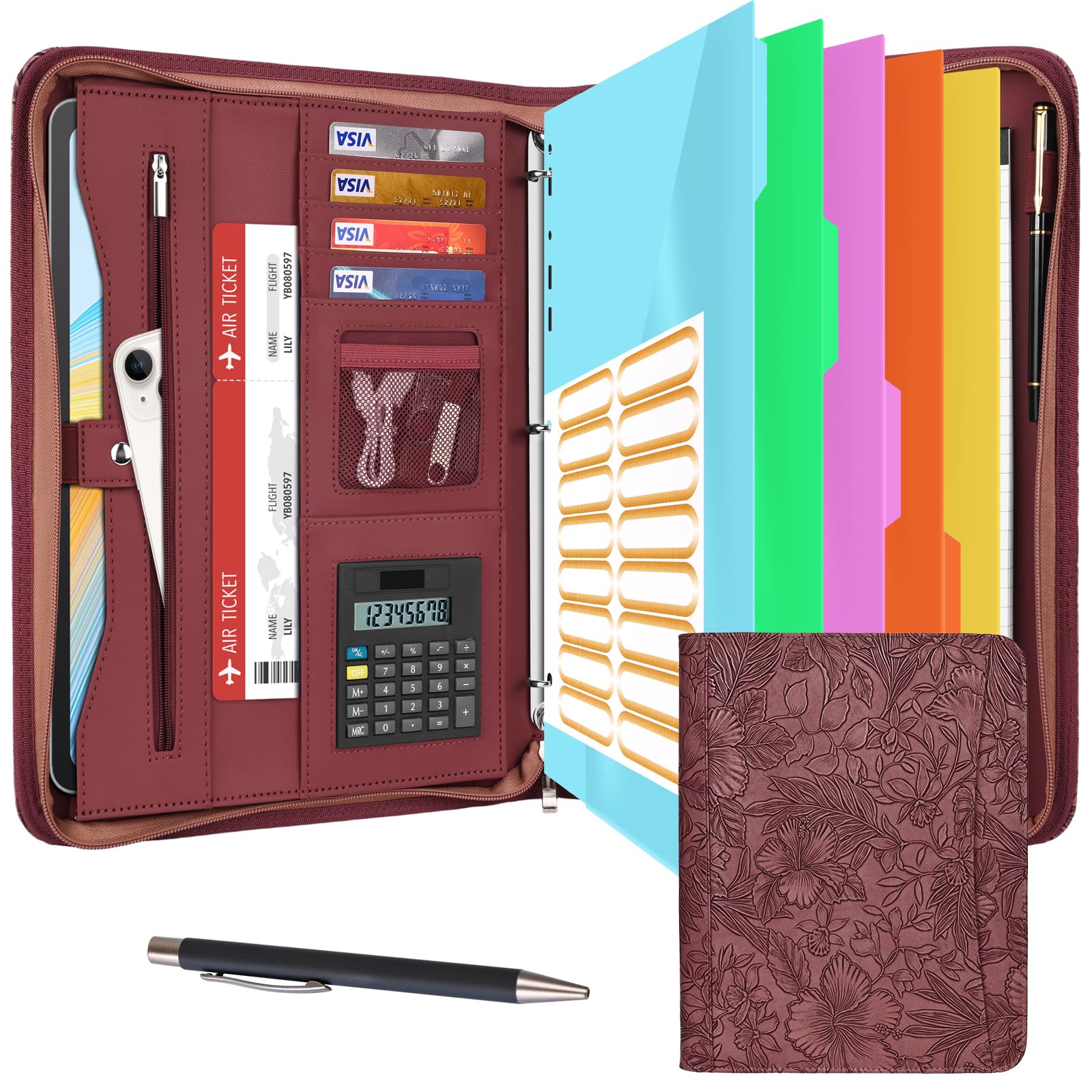 Eshow Portfolio Organizer - 3 Ring Binder with Zipper, Vegan Leather Business Padfolio Folder with Notepad Includes 5 Color Sheet Protectors for Documents Files for Men Women
