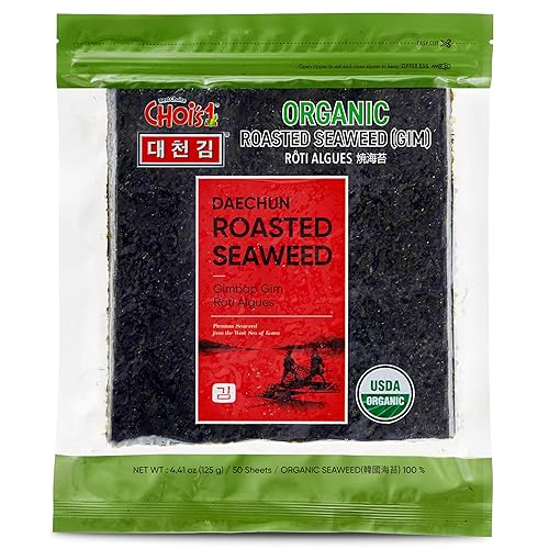 CHOI's 1 (Daechun) Algas tostadas orgánicas, Gim, Sushi Nori - (50 hojas completas) - Grado Oro- Vegano, Keto, Sin gluten, lleno de fibra,
