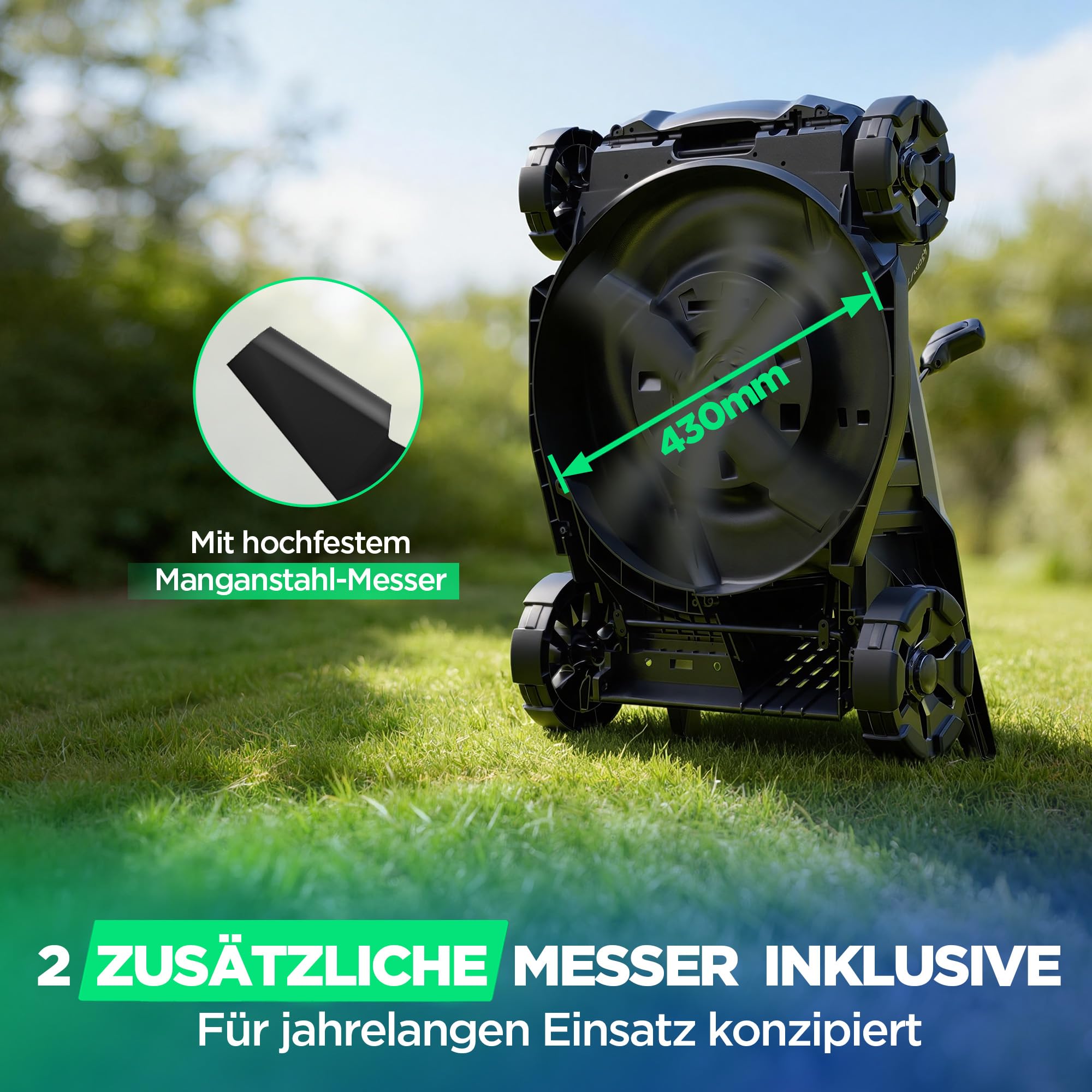 40V Akku Rasenmäher, Elektro-Rasenmäher mit 43 cm Schnittbreite, 2×5Ah Akkus & Typ-C Ladekabel, 6 Schnitthöhenstufen, Bürstenloser Motor, 2-in-1 Mulchen & Fangen, ideal für mittelgroße Gärten bis 600㎡
