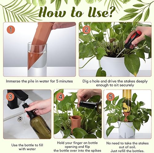 Miniatura 4 de SiliFine Paquete de 12 dispositivos de riego de plantas que incluyen 6 picos de riego automático de terracota y 6 botellas de plástico de 26 onzas,