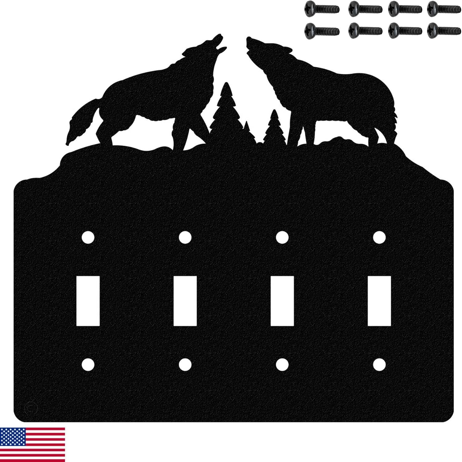Howling Wolves Quadruple Toggle Light Switch Wall Plate (Quadruple Toggle, Black) - MADE IN USA