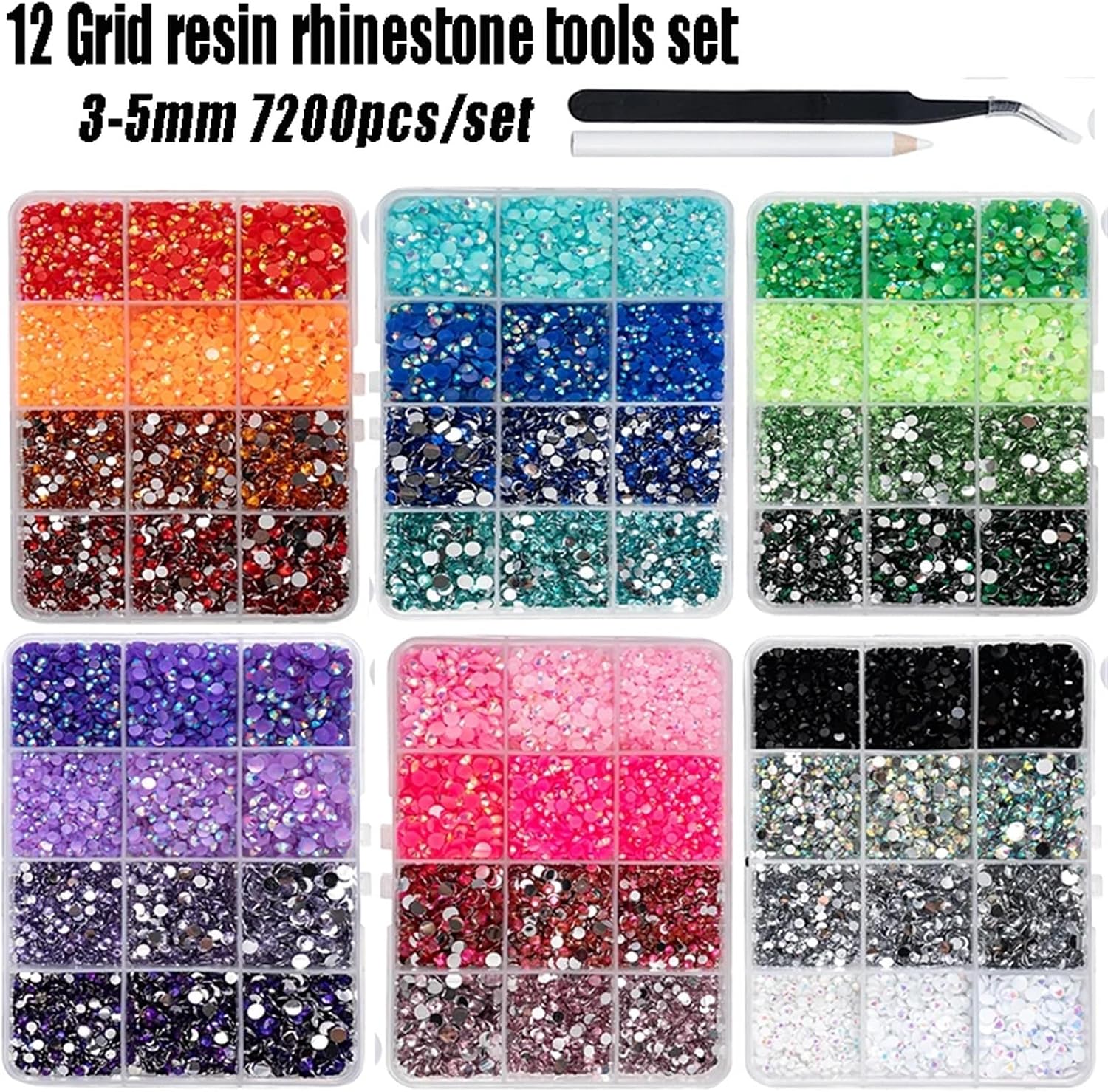 Bedazzler Kit with Rhinestone 3/4/5mm Resin Rhinestone Tools Set Flatback Glitter Glue-on Crystal for Nails Clothes DIY Art Decoration for Adding Sparkly Bling to Bags,Nails,Decors(12Grid-K)