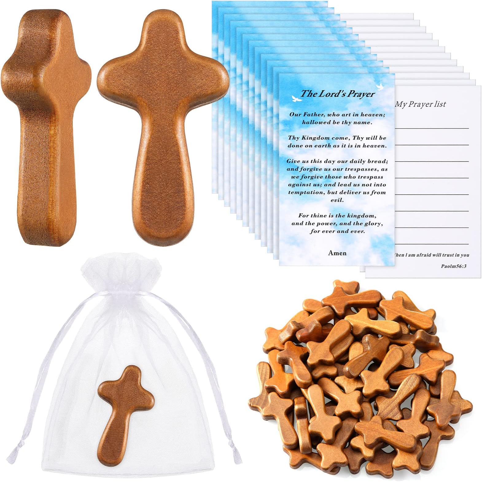 24 Pack Wood Holding Crosses Set 24 Mini Hand Holding Cross 2.56 Inch Pocket Crosses with 24 Bible Prayer Cards and 24 Organza Bags Caring Cross for Christian Church Jesus Religious Gift