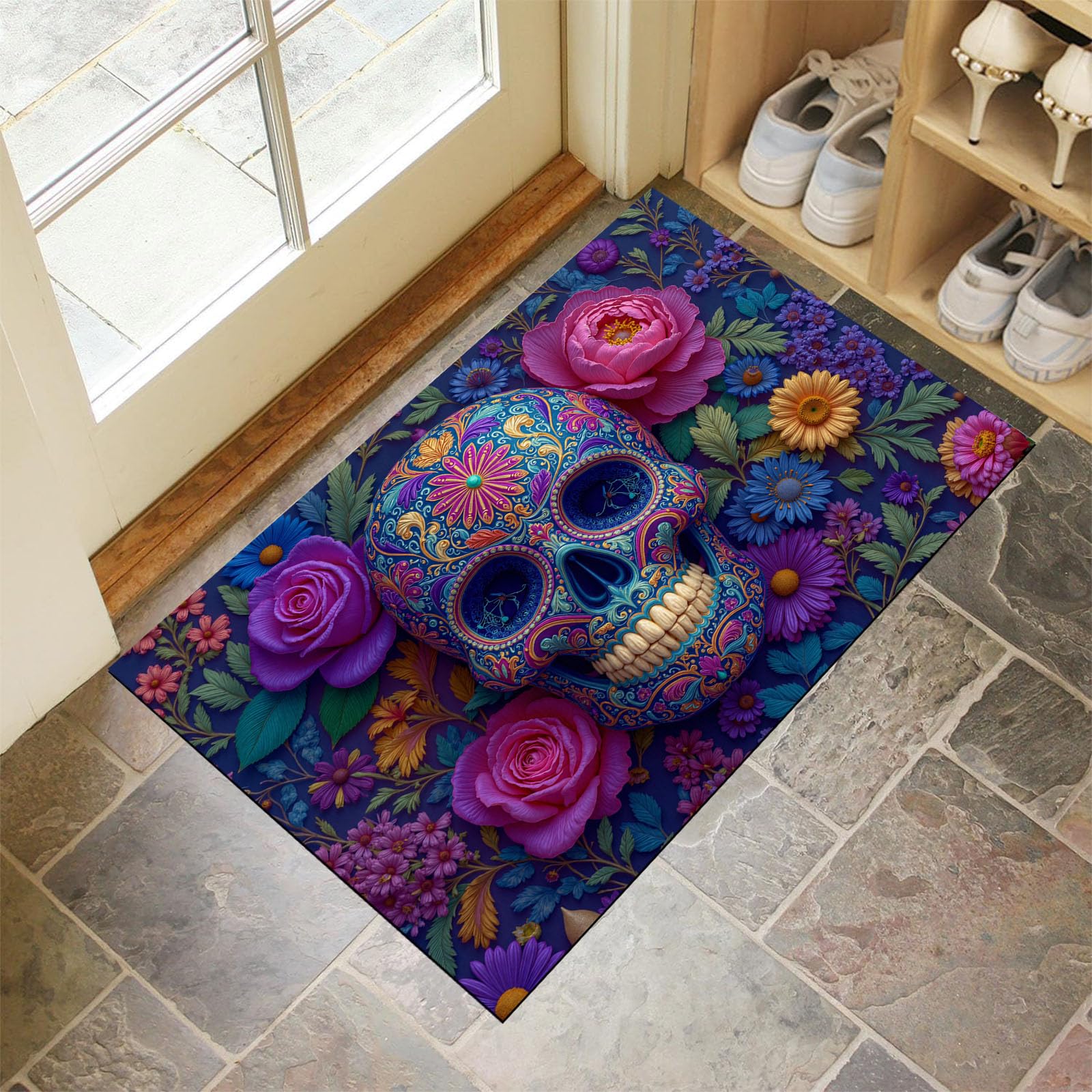 Paillasson Crâne Fleur 60x90 cm lavable et antidérapant Tradition Art