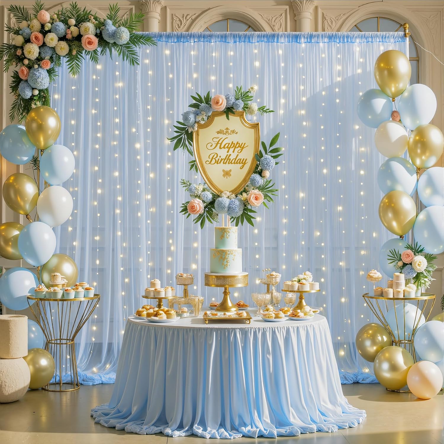 10ft x 10ft Baby Blue Tulle Photo Backdrop Curtain with Lights String for Parties Wedding Sheer Blue Curtain Backdrop for Birthday Party Baby Shower Boy Photo Booth Photography Background Decorations