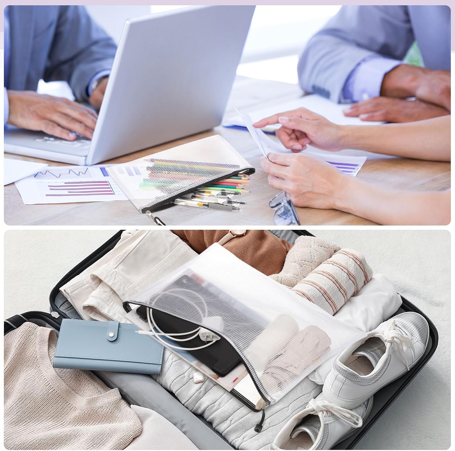 HARFINGTON Mesh Zipper Pouch Bags Plastic Waterproof Mesh File Bag Clear Document Zipper Pouches for Office Supplies