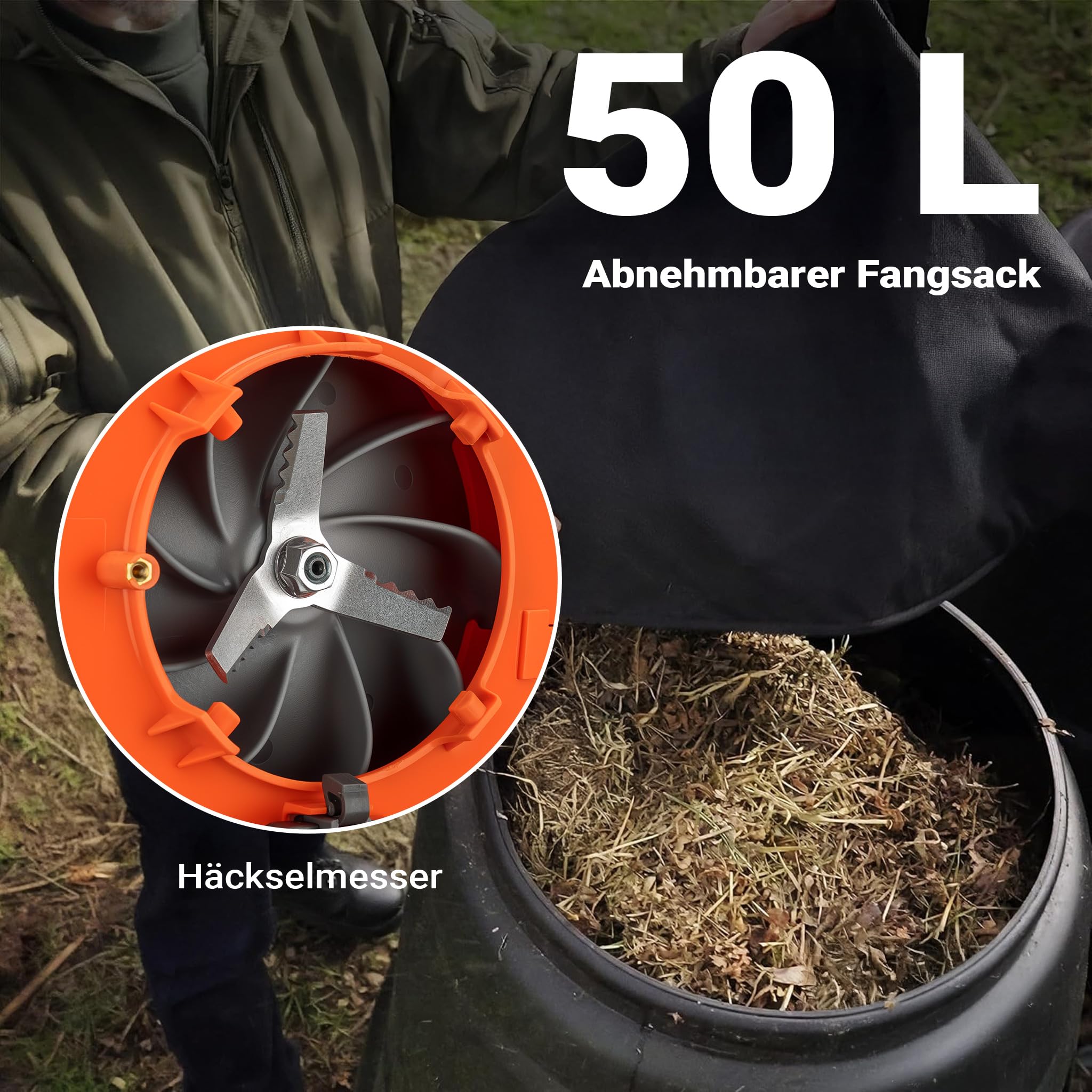 Wiltec 3in1 Laubbläser, Laubsauger u. Laubhäcksler, Laubgebläse 1 PS mit 26ccm, beninbetriebener Laubstaubsauger, Gartenhäcksler mit 50 l Fangsack