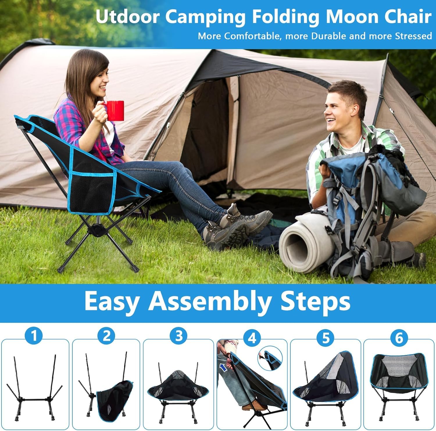 Chaise de Camping Pliable, Chaise Pliante Portable Légère avec Sac de Transport, Charge Maximale 120kg, Ultra Légère Chaise de Plage Pliable pour Les Voyages, Randonnée, Camping, Pique-Nique - 5