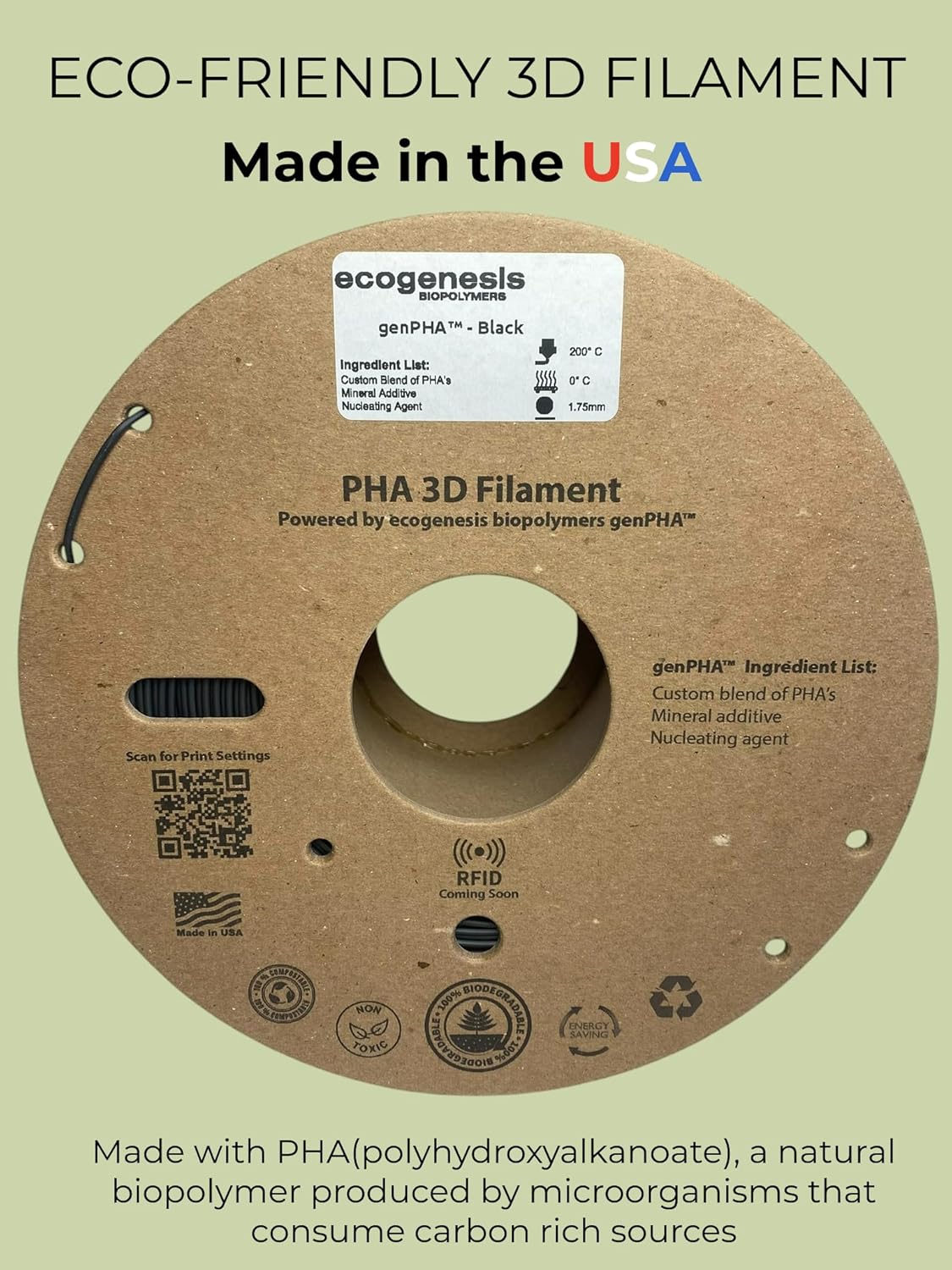 ecogenesis gen™PHA Filament, PHA Filament 1.75mm, 1kg Spool(2.2lbs) Accuracy +/- 0.05mm, Fits Most FDM 3D Printers, Black